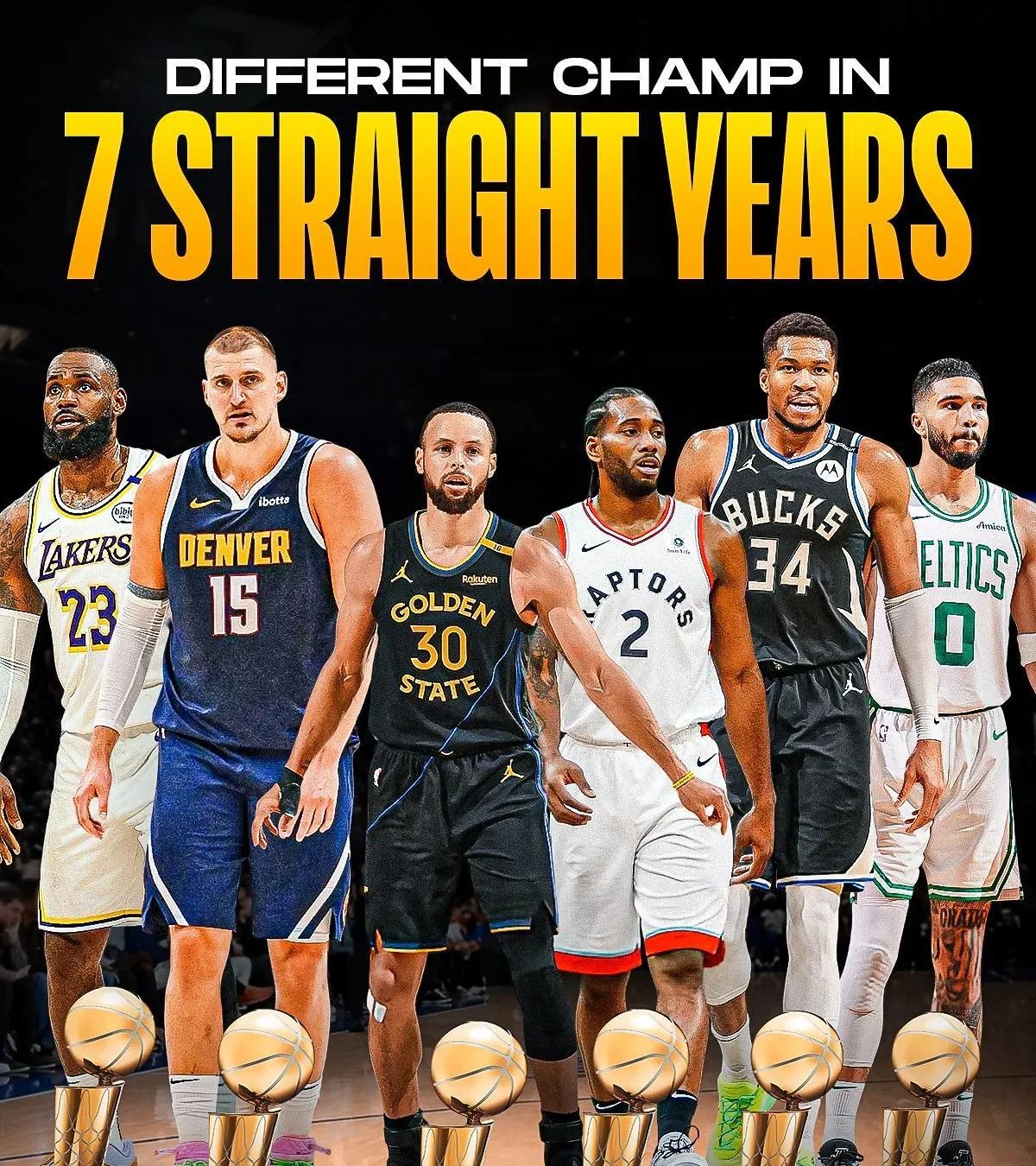 已经7年没有产生连冠了自勇士17、18两连冠之后，NBA连续7年没有连冠的球队
