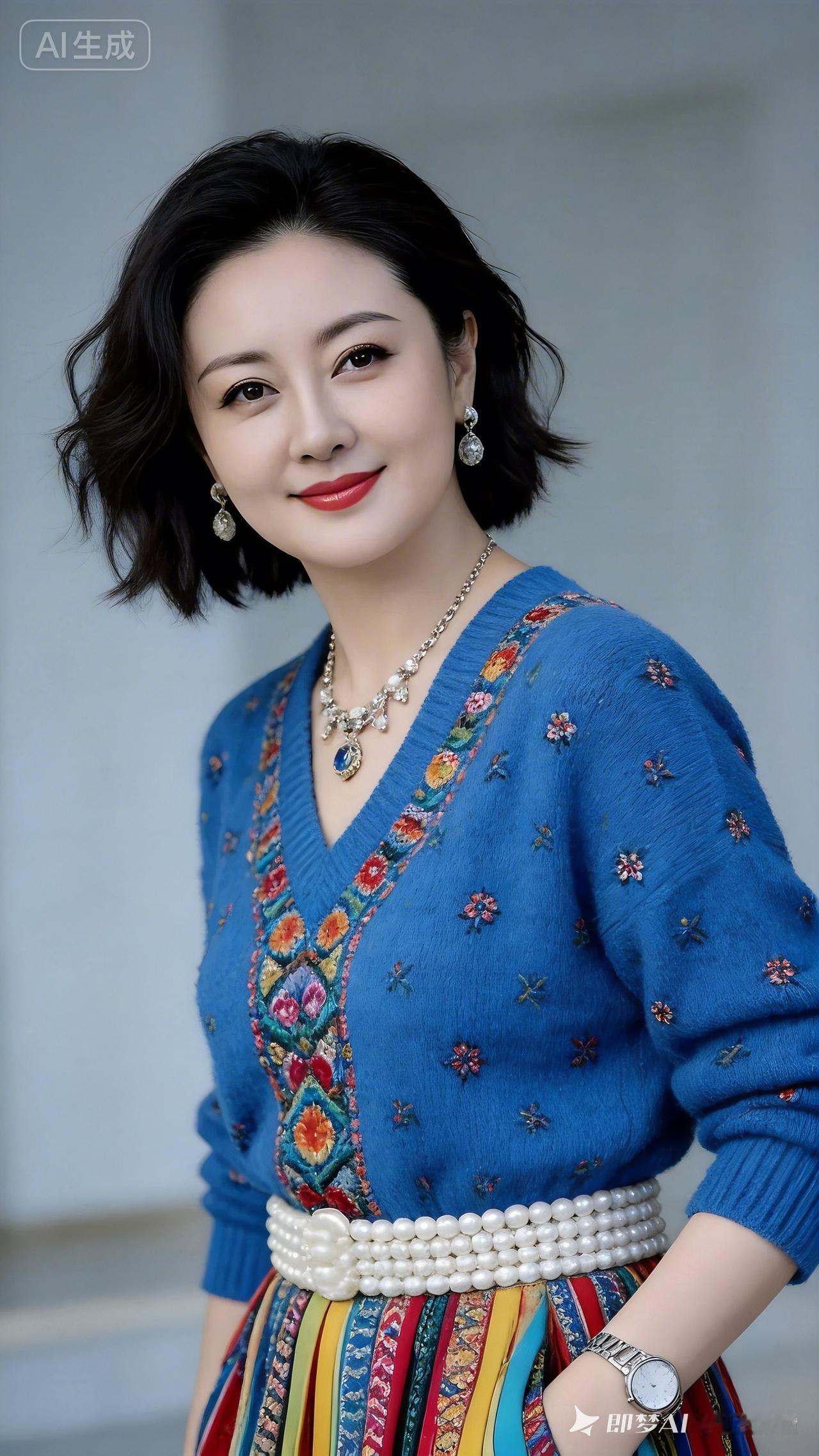 优雅蓝调，复古风情，珍珠腰带点缀，尽显时尚魅力！