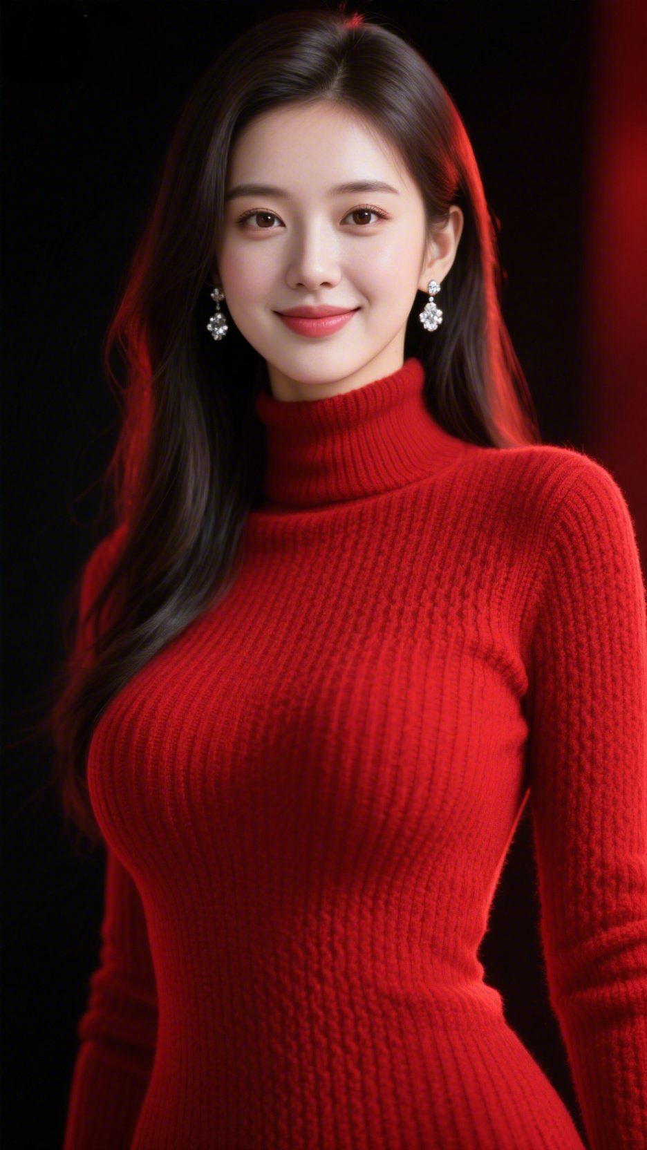 红衣裹暖光深暗背景里，这抹正红像煨热的绒光轻落。高领毛衣的纹理裹着软