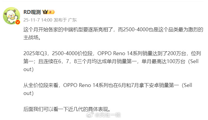 罗列一组OPPOReno14系列的数据1、2025年第三季度在2500-400