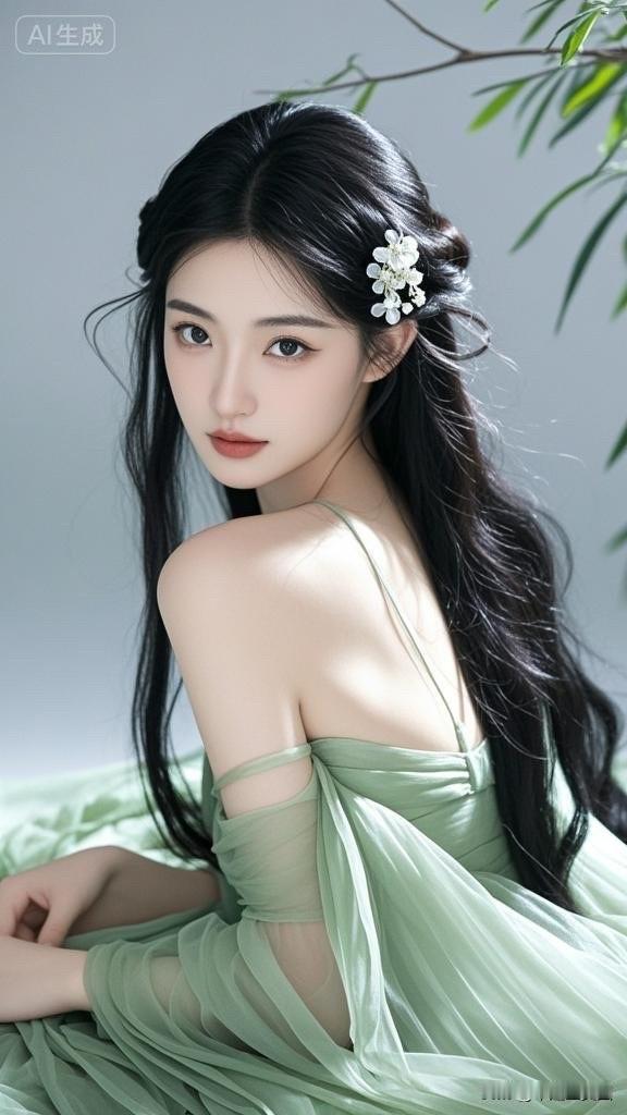 优雅绿裙少女，气质动人，宛如画中仙子。