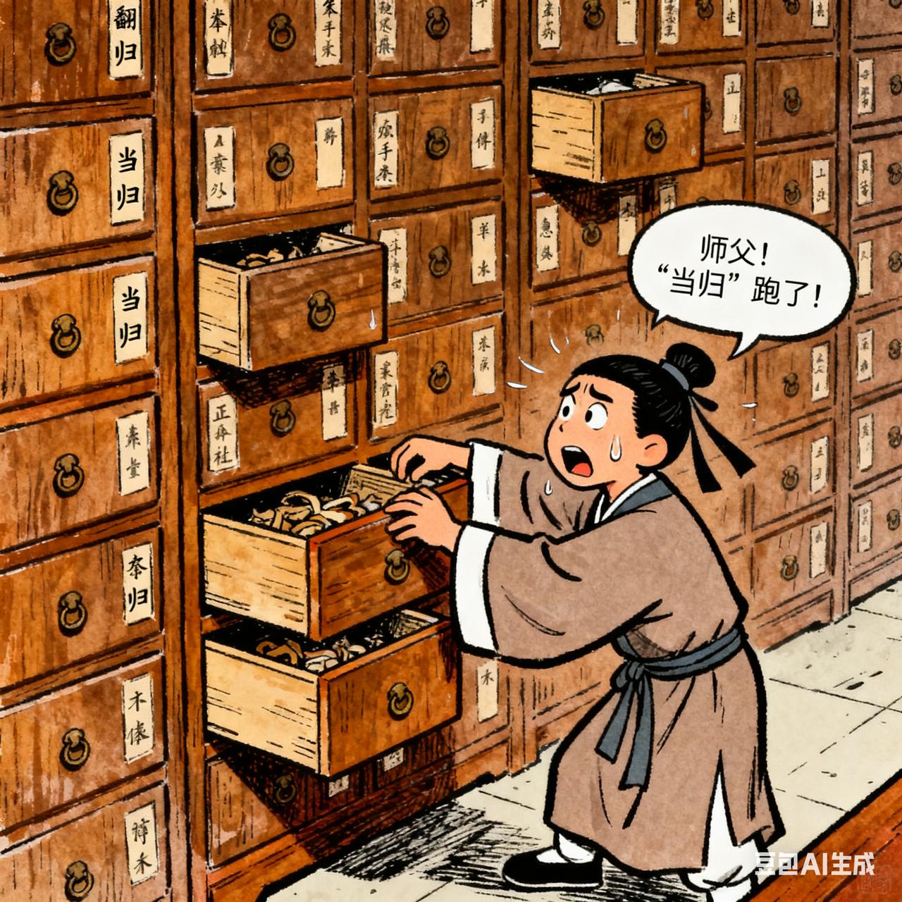 古代笑话药铺掌柜新收了个徒弟，笨手笨脚总出错。一日有客来买“当归”，徒