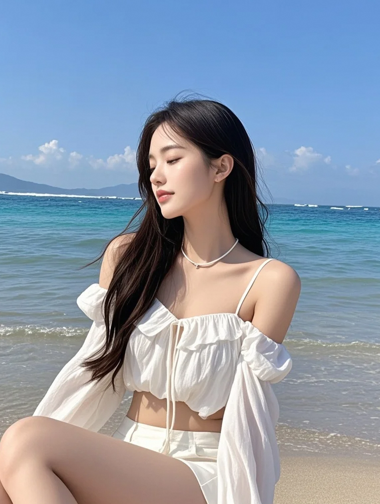 椰林摇曳的沙滩，她浅笑嫣然，颜值与海风共舞，这氛围感绝了！