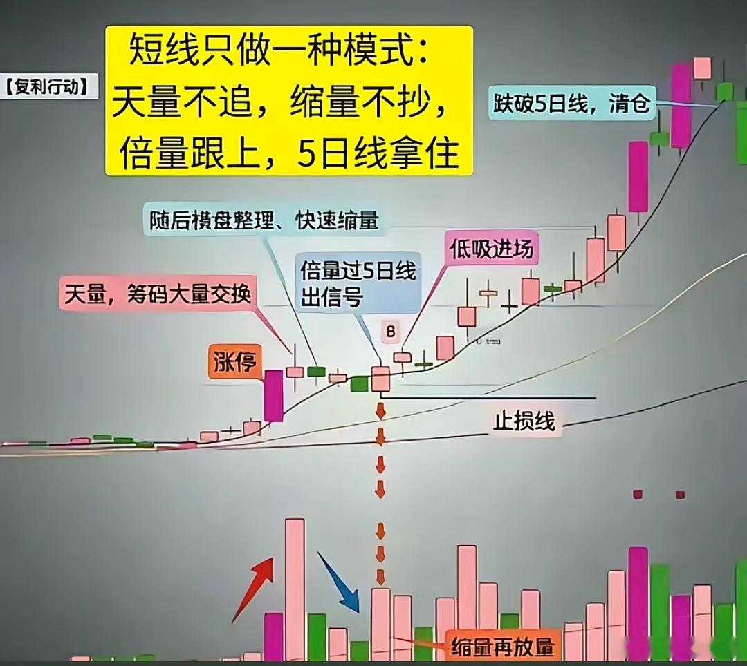 短线交易不必追求花样繁多，吃透一套模式就够用。记住口诀：天量不追，缩量不抄，倍量