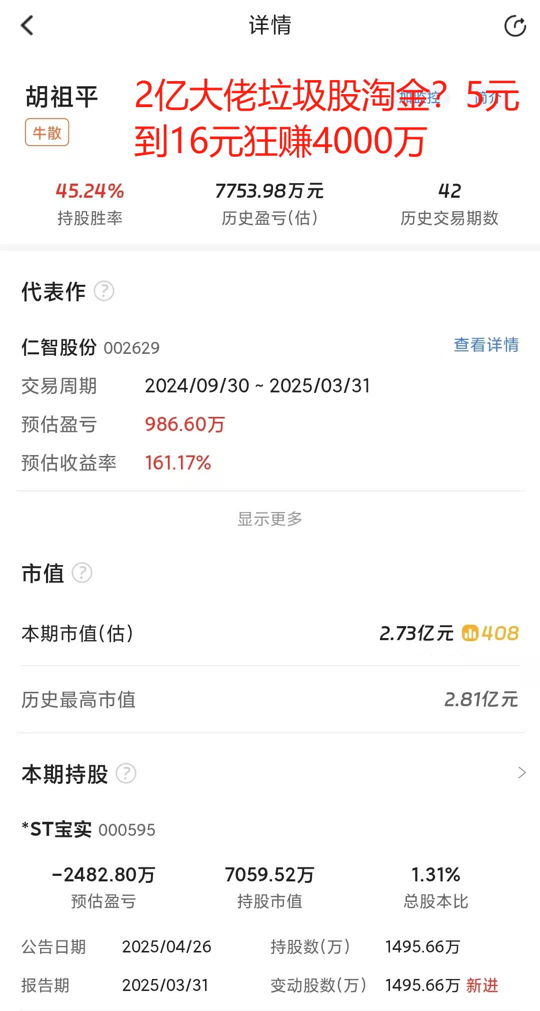 2亿大佬垃圾股淘金？5元到16元狂赚4000万