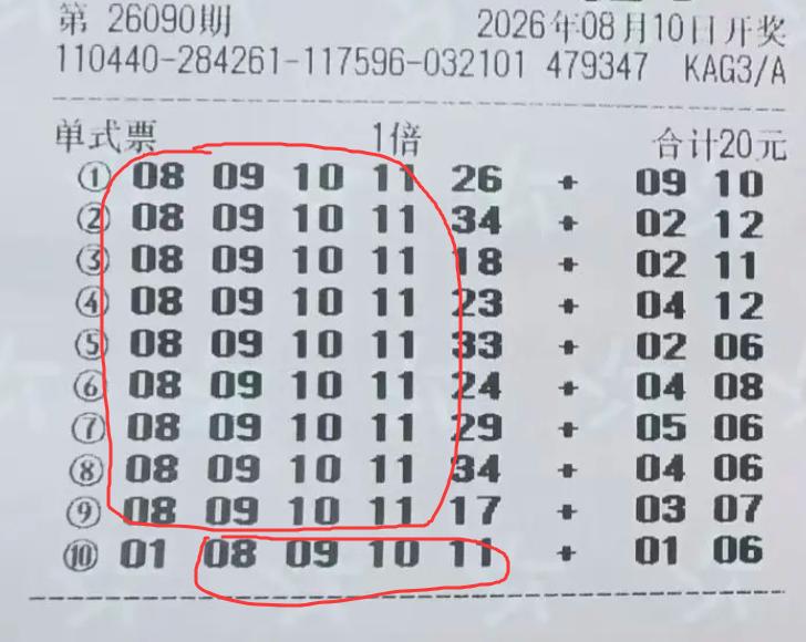 没想到真有人猛追08091011四连号，单票10注号前区统一锁定这组号码，