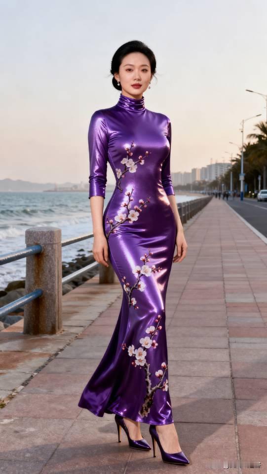 海边漫步，紫色长裙，优雅动人。连衣长裙旗袍裙