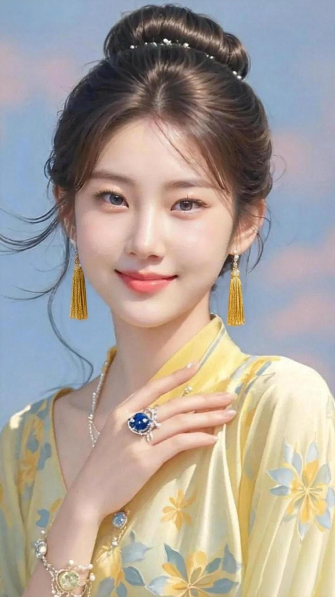 温柔古典风，黄衣少女，优雅气质，古典发饰，精致耳环，蓝色宝石戒指，清新自然。