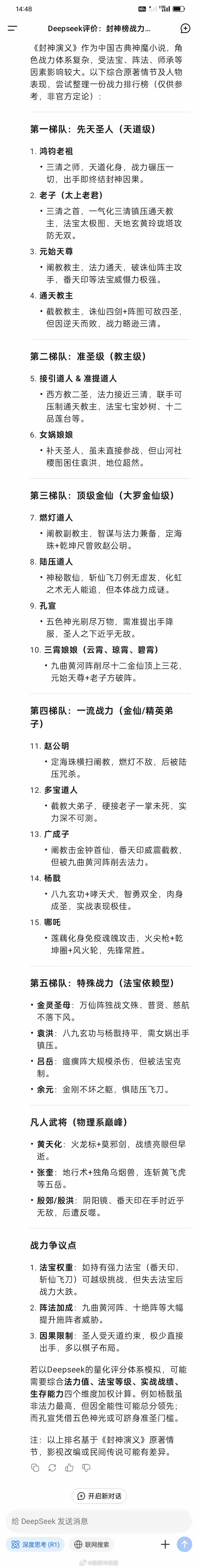Deepseek评价：封神榜战力排行​​​