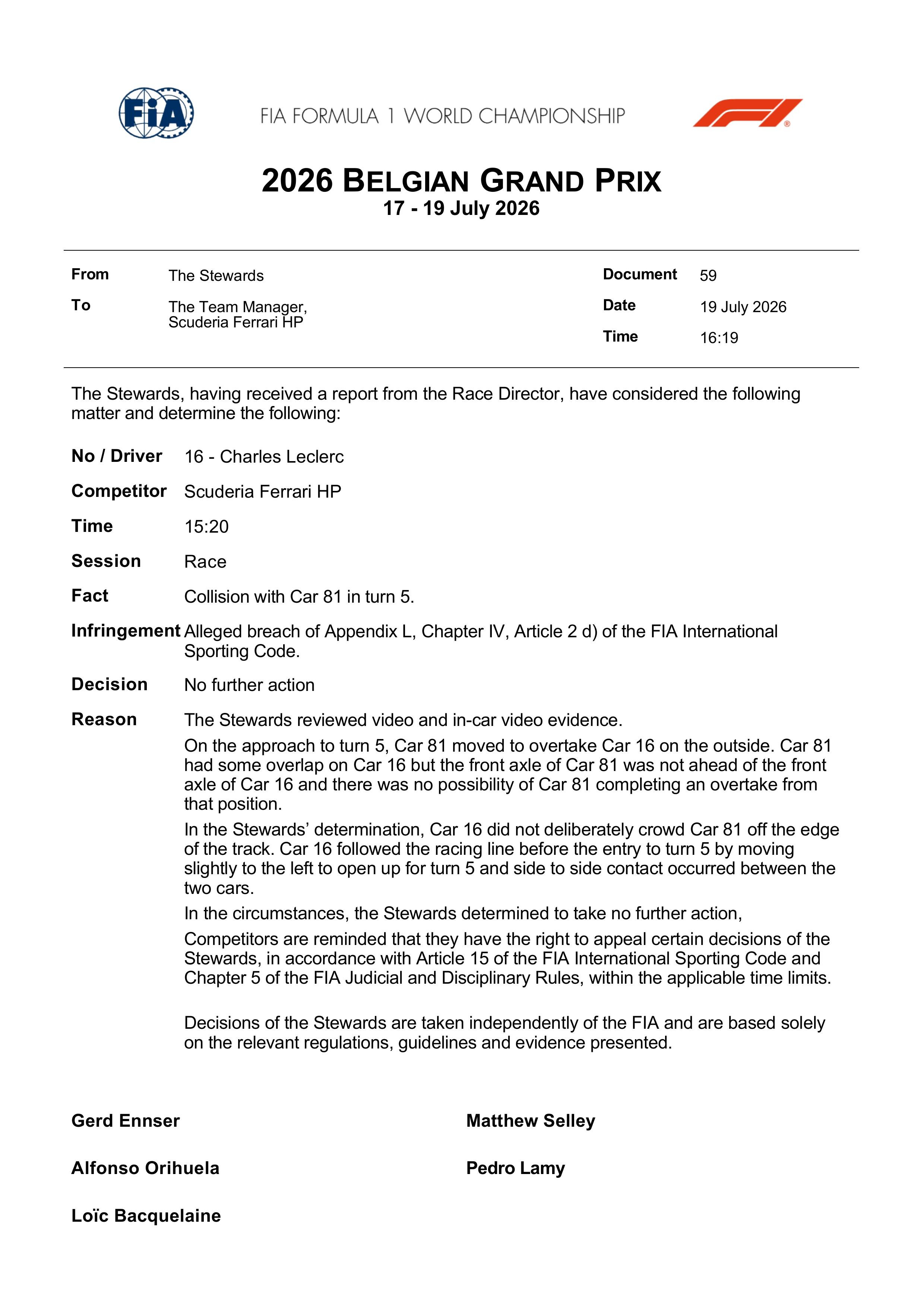 赛事仲裁对于F1比利时大奖赛正赛中勒克莱尔与皮亚斯特里在5号弯擦碰的判罚文件⬇️