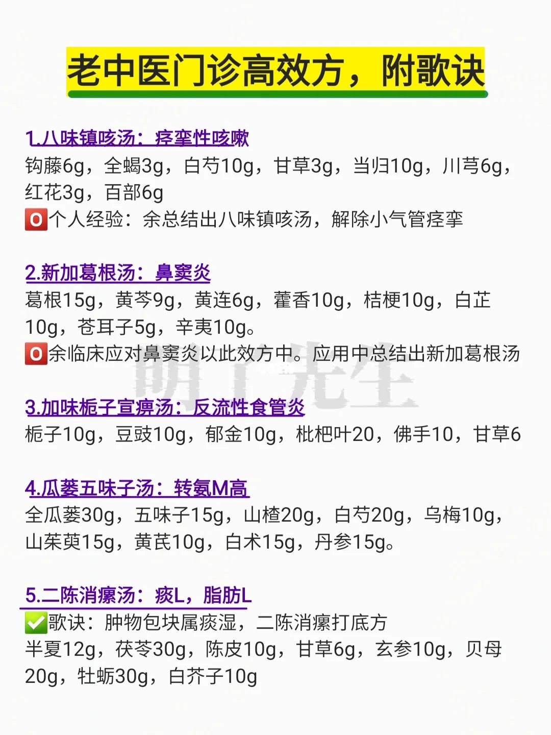 老中医门诊高效方，附歌诀