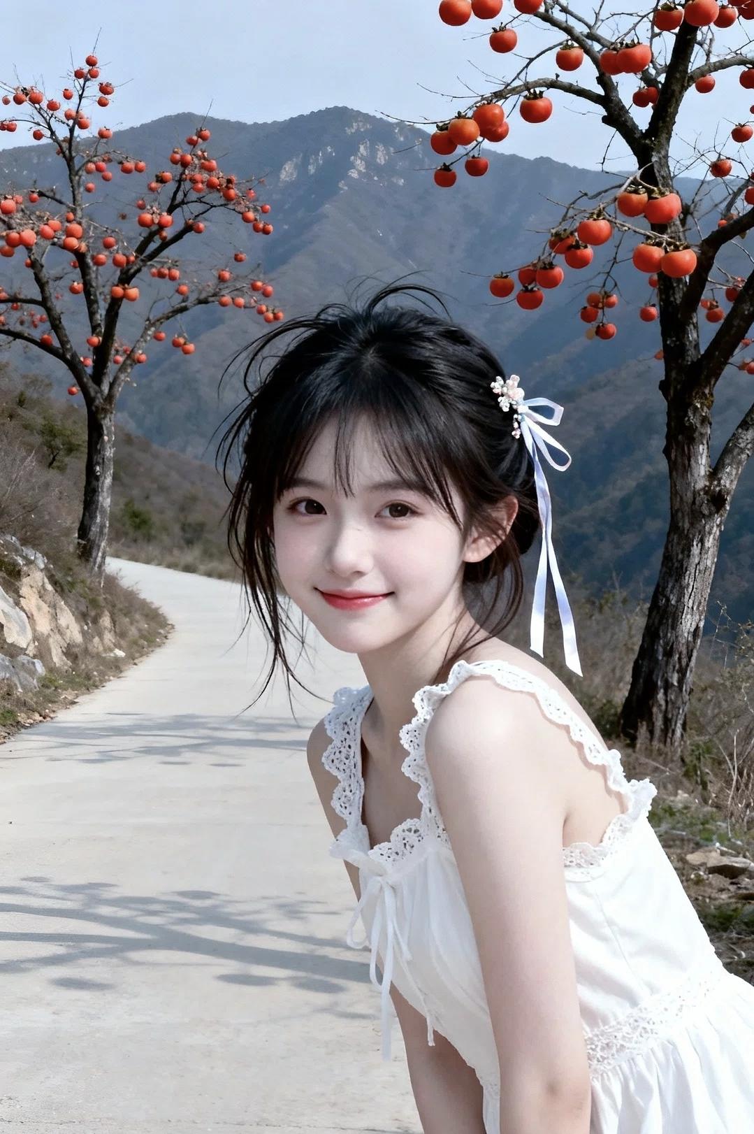 秋日山间，红果点缀，微笑如花！美少女美景分享