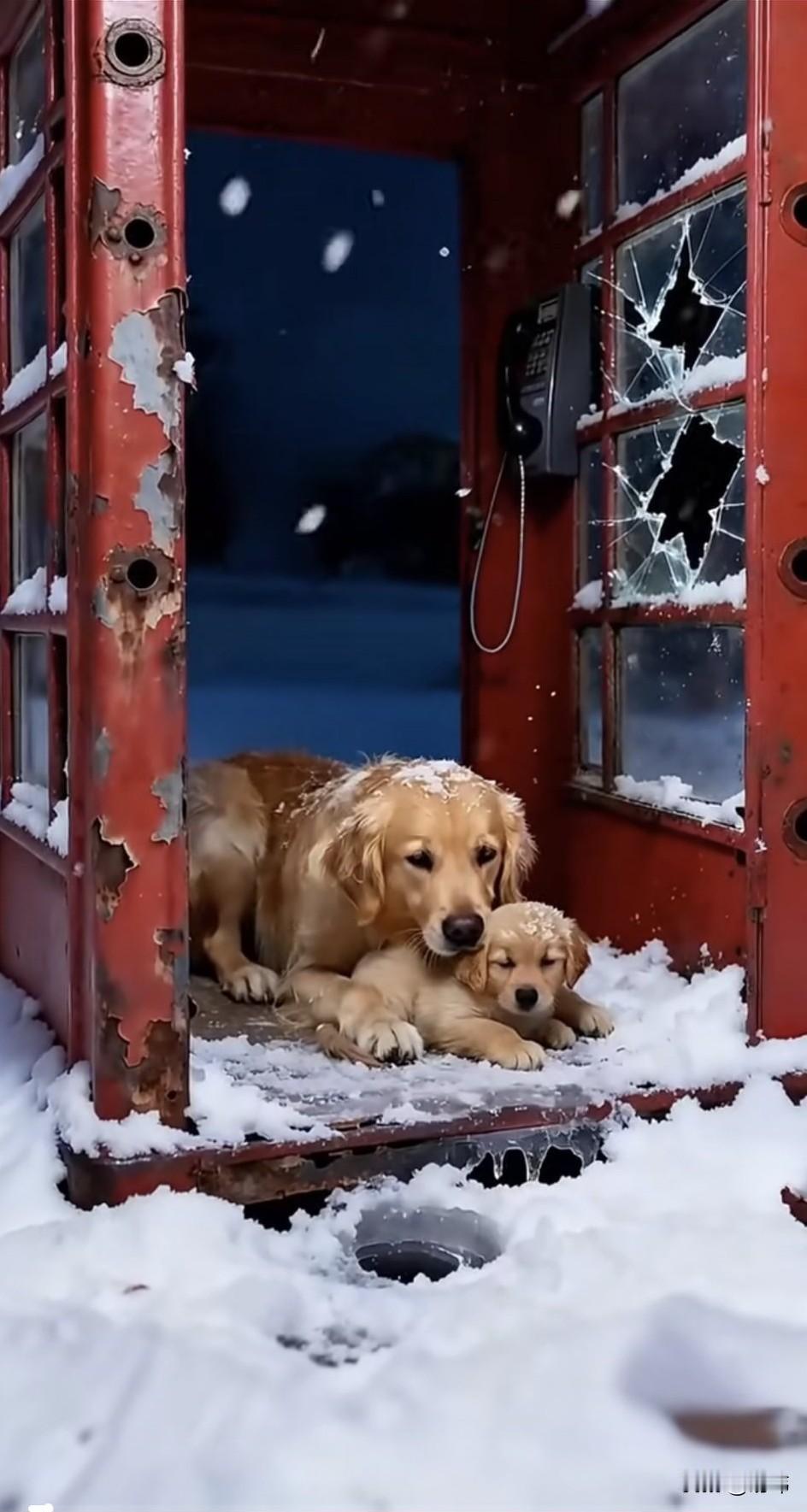 泪目了！一只狗妈妈和它的宝宝生活在一个破旧电话亭里，可这天夜里下起了暴风雪，即使