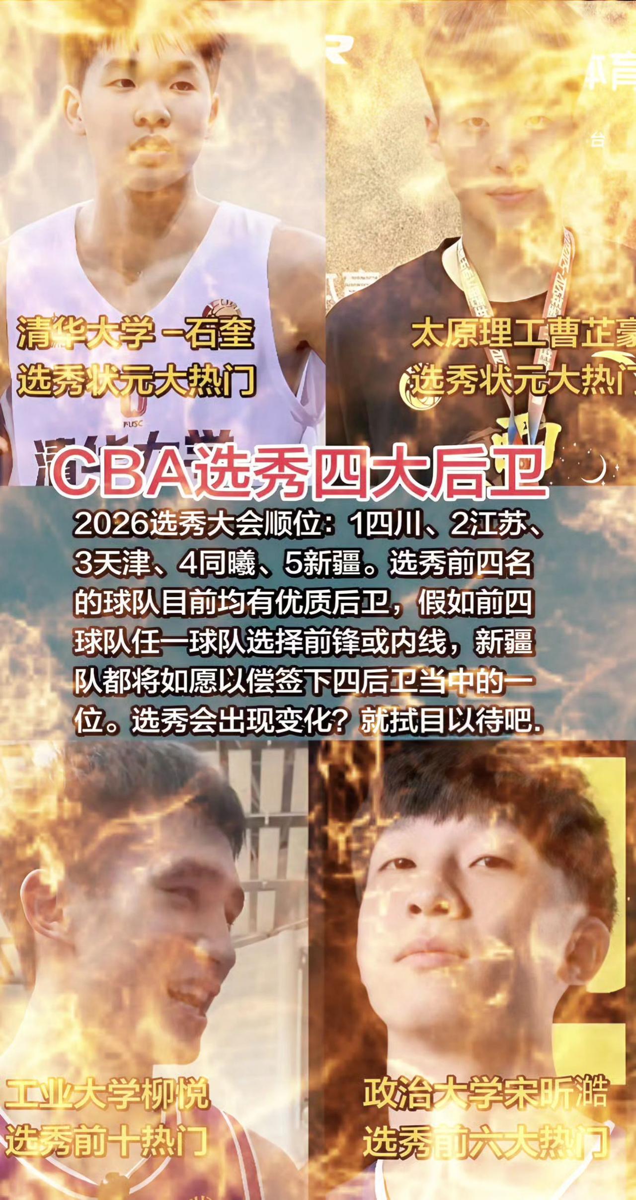 新疆男篮选秀大会有机会捡漏四大后卫中的一员。（石奎，曹芷豪，宋昕澔，柳悦）石奎