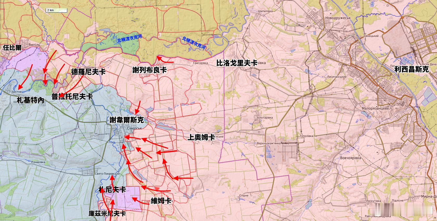 烏克蘭在謝韋爾斯克的防禦正在持續惡化，俄軍正在由北面威脅札基特內，這是謝韋爾斯克