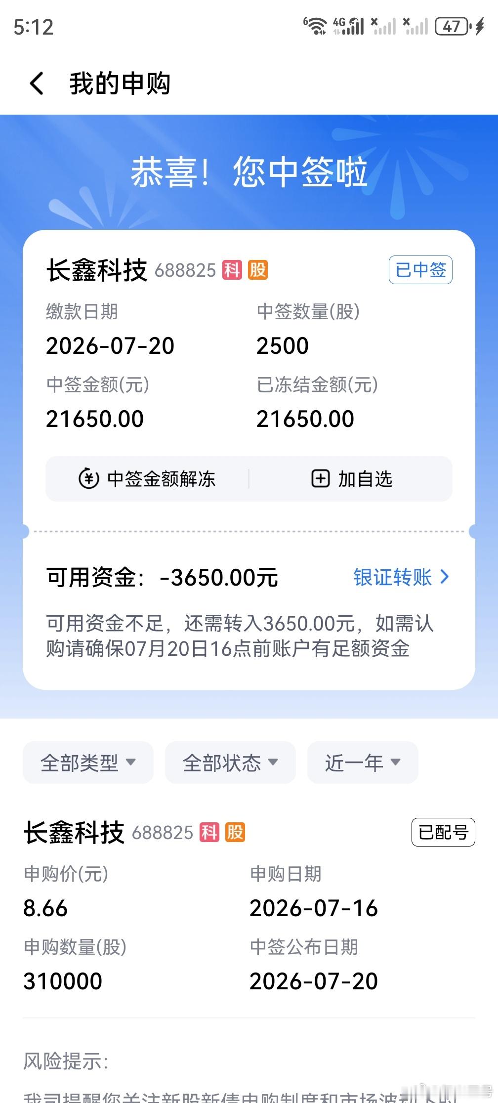 中了五签长鑫科技，捡点钱