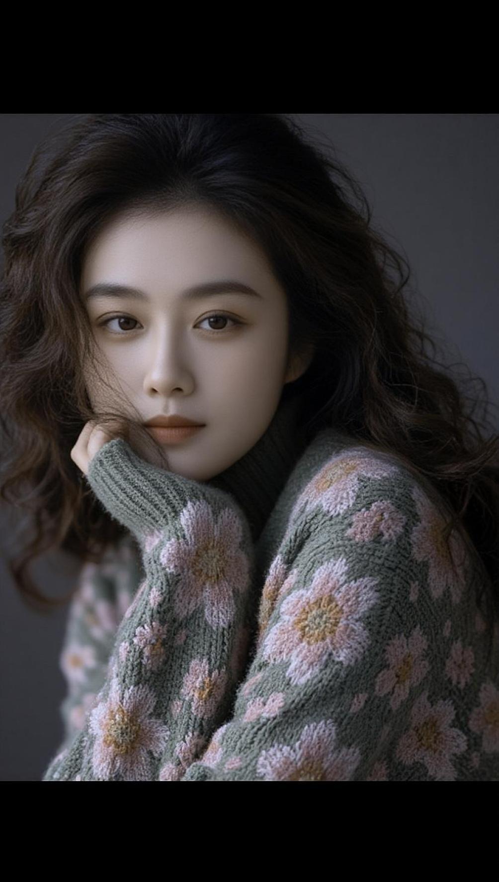 温柔甜美的少女，穿着花色毛衣，散发着温暖气息。