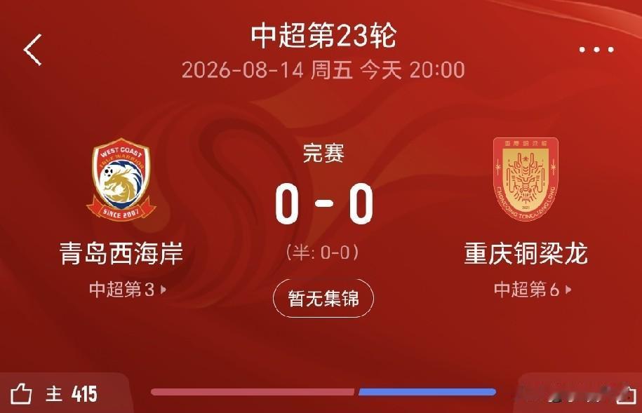 为了不参加亚冠精英二级联赛，青岛西海岸和重庆铜梁龙也是拼了，双方都不全力进攻，有
