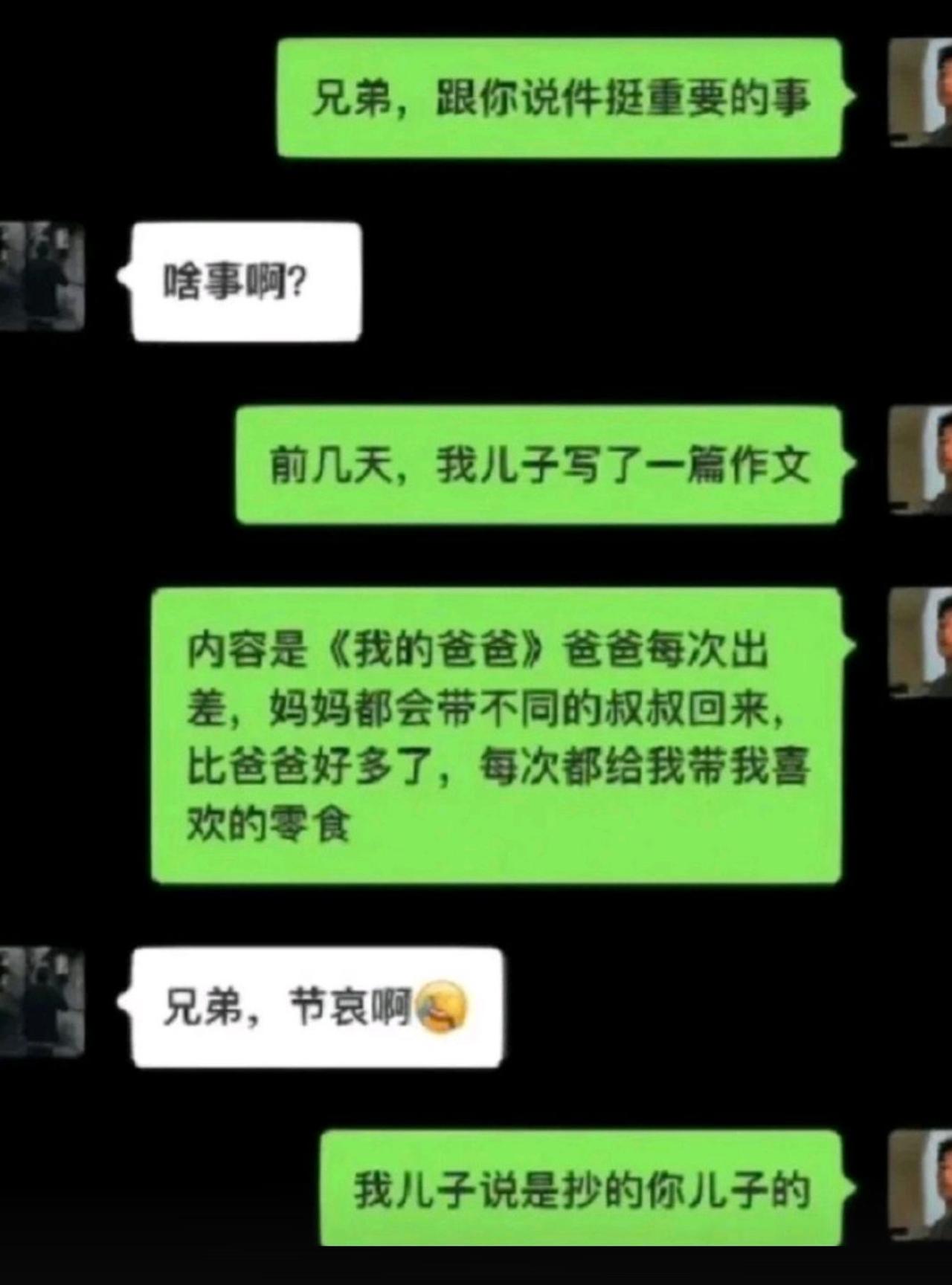 哥们本来准备好沉重的语气，跟好友透露自家儿子写的作文内容，把好友都整得连忙发来安