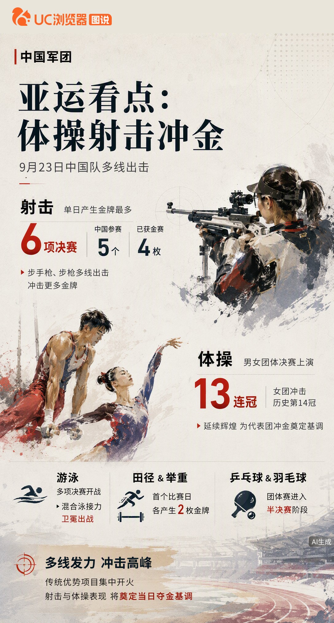 9月23日亚运看点密集：射击单日6项决赛中国参与5项，体操女团冲击13连冠，游泳混合泳接力卫冕出战。