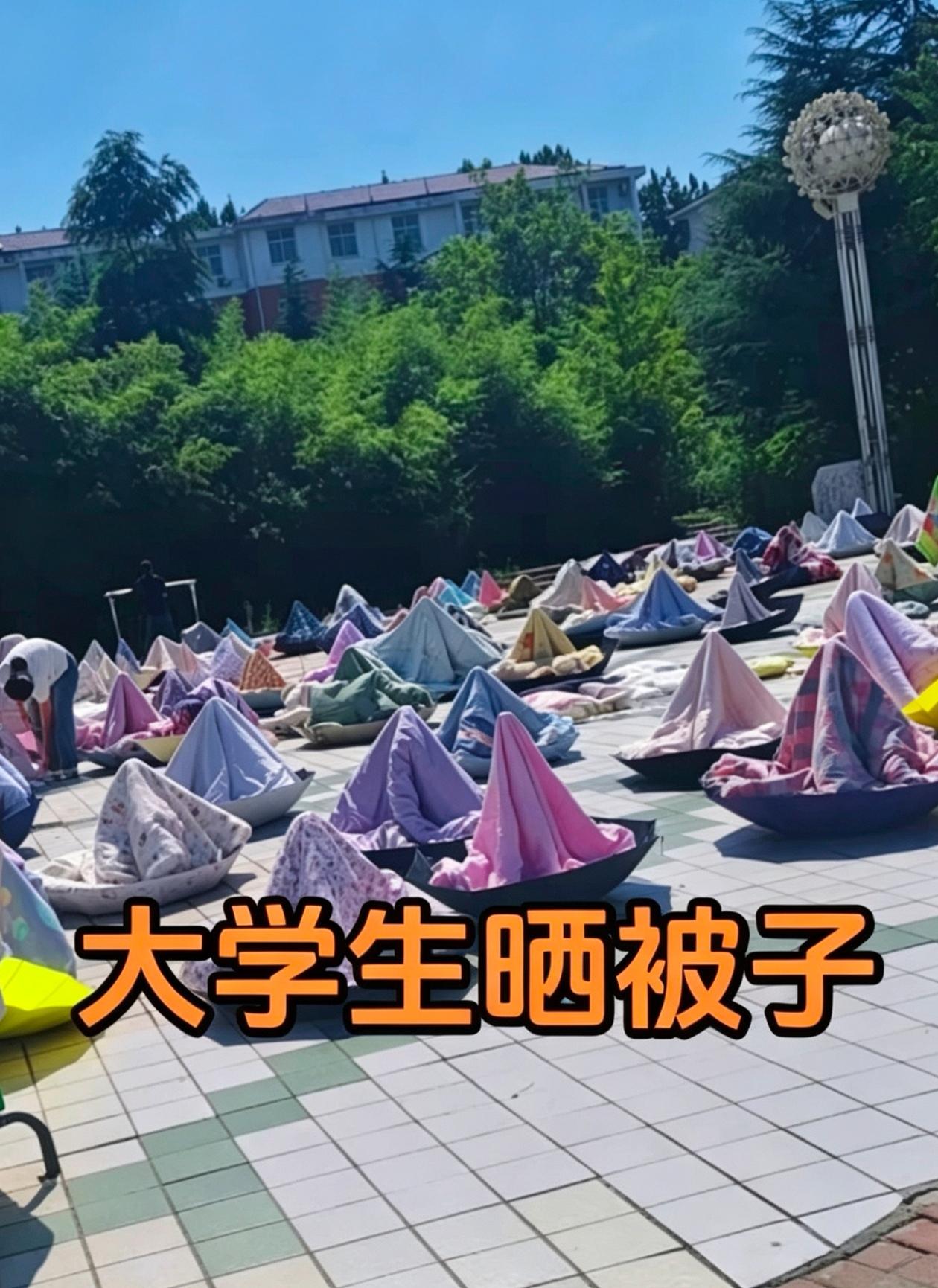 雨伞，没想到还能派上这用场天晴大太阳，大学生晒被子场面又来了！晾杆全部被抢