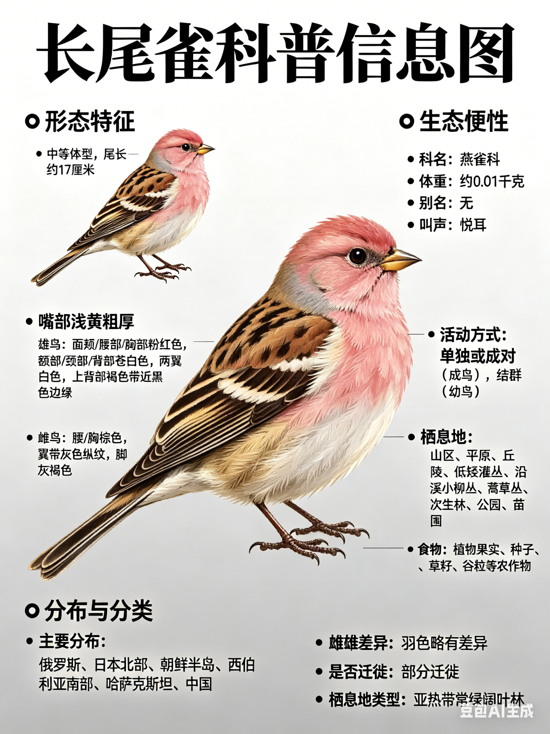 鸟类朋友图鉴长尾雀科名：燕雀科体重：约0.01千克别名：无长尾雀属于小型鸟类，