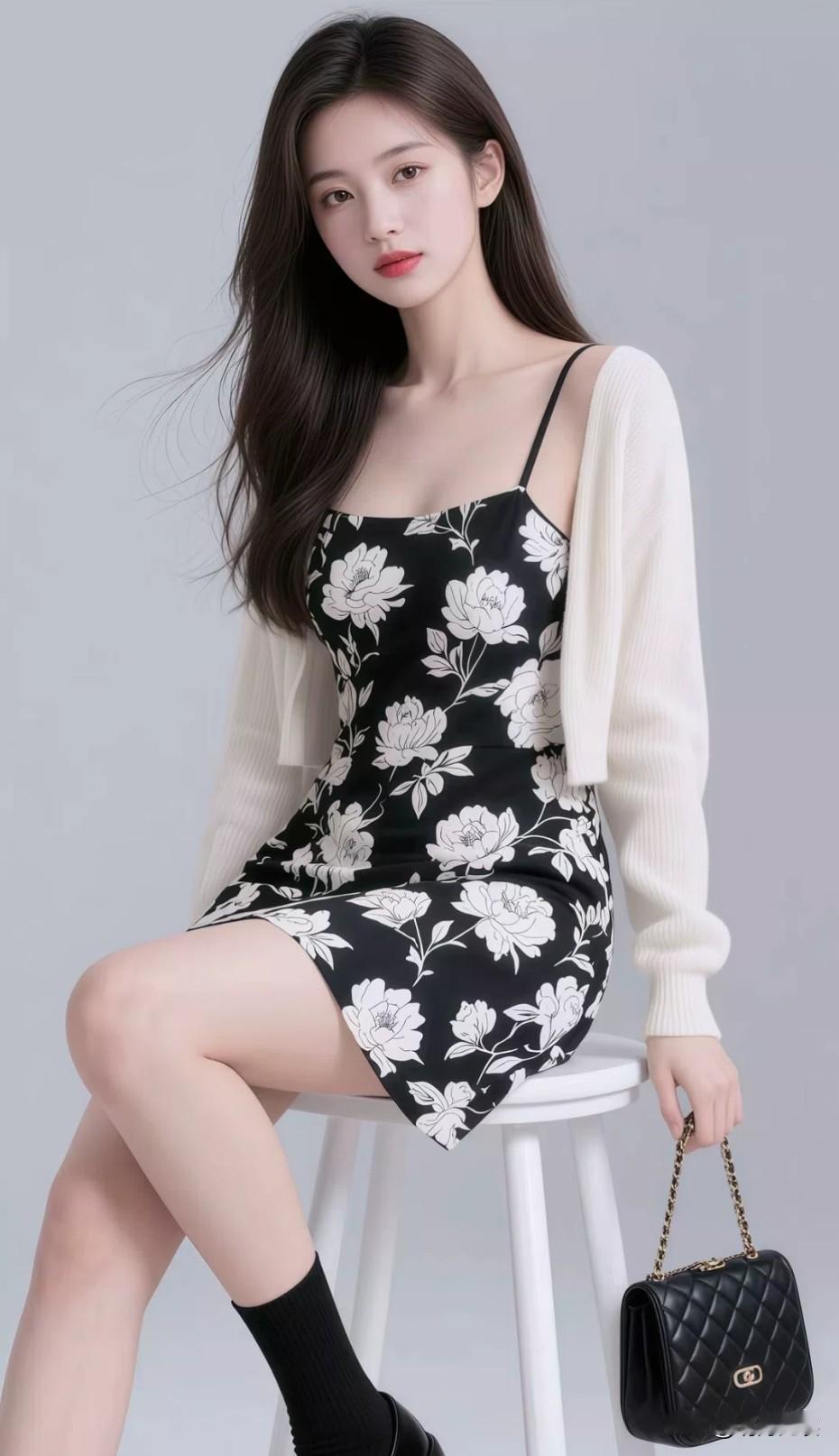 优雅黑裙搭配米色毛衣，简约时尚，尽显女性魅力！