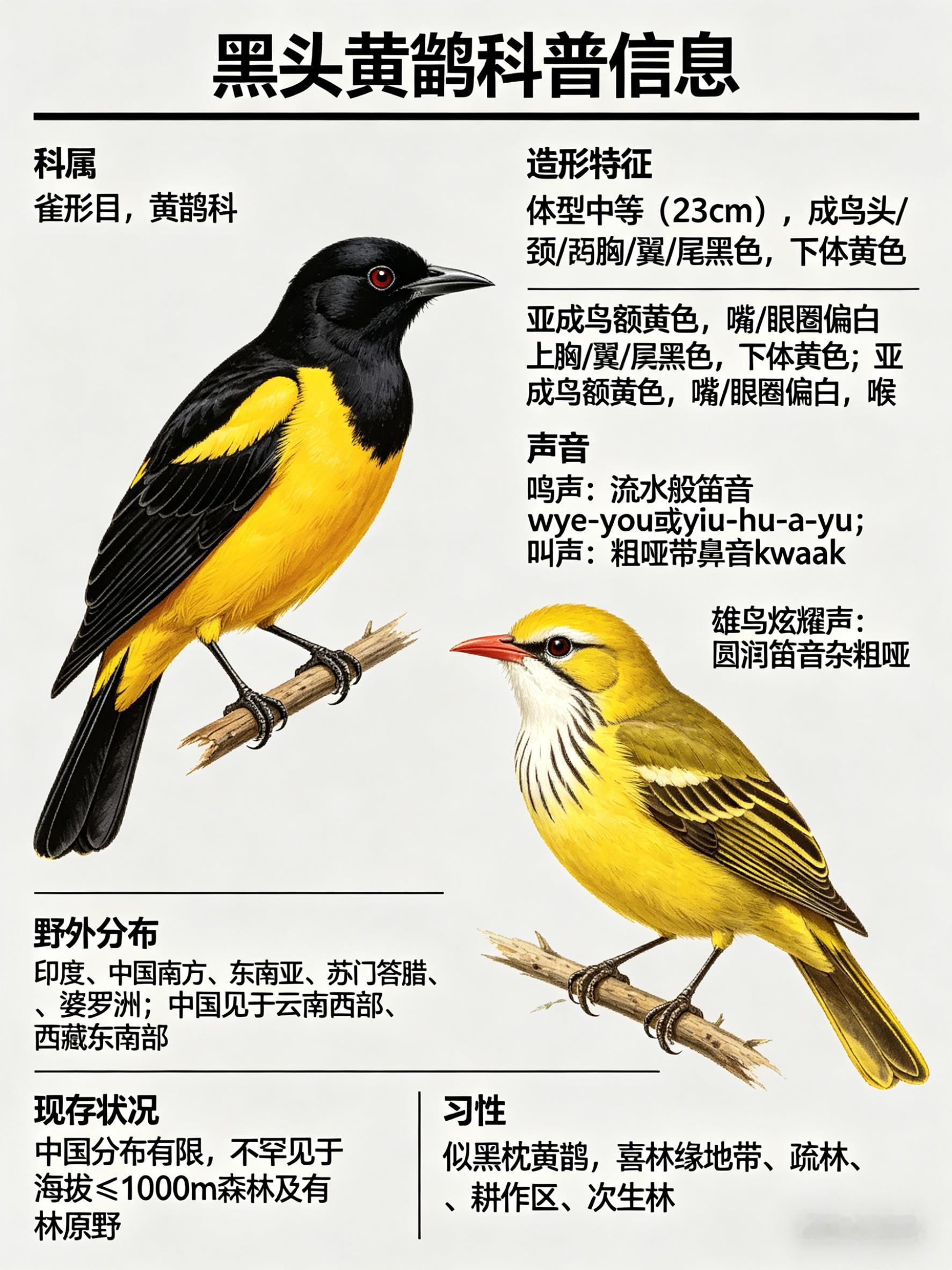 鸟类朋友图鉴黑头黄鹂·科属：雀形目，黄鹂科。·外形特征：体型中等（23cm），