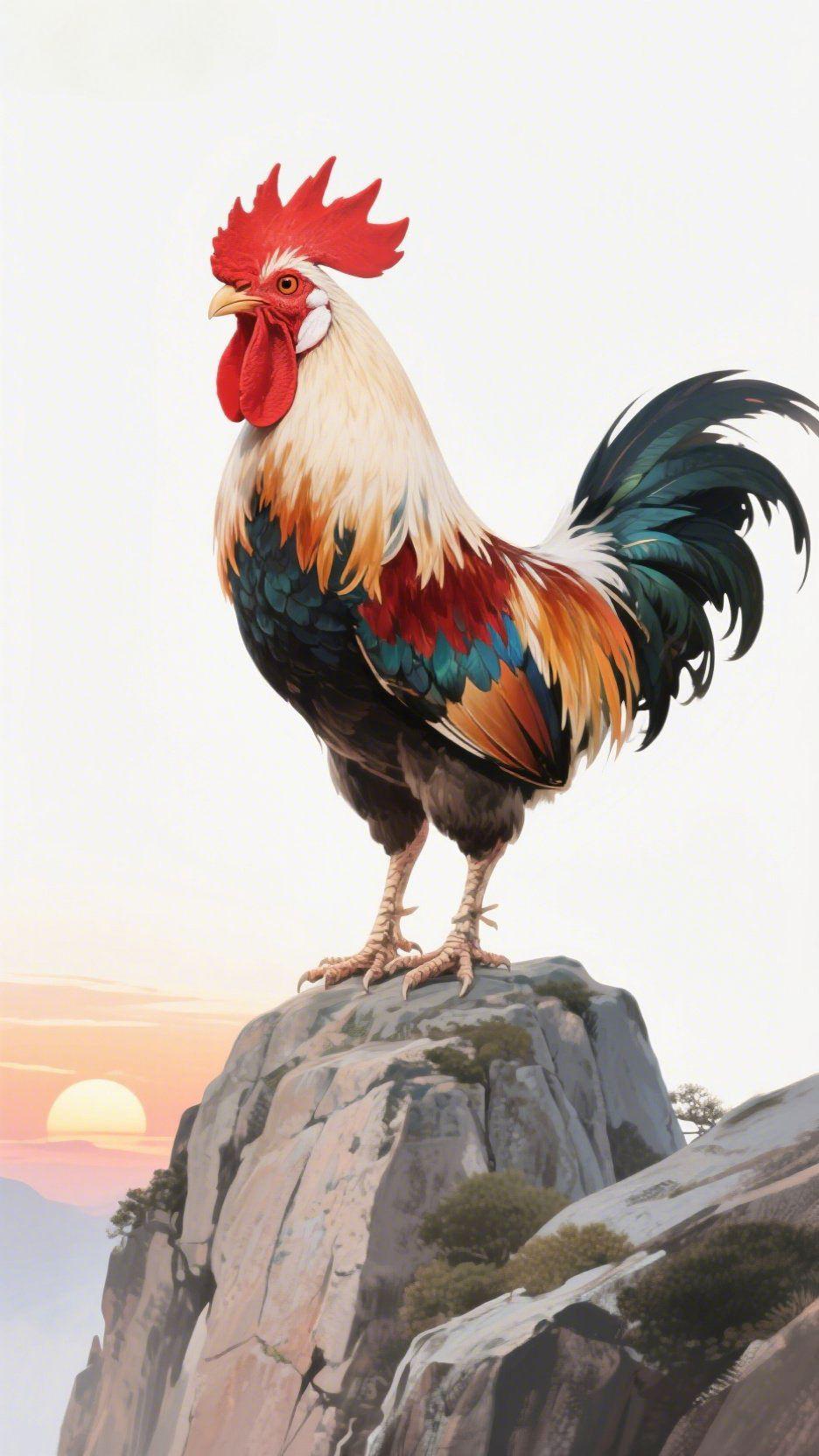 《石巅雄鸡唤晨光》当晨雾还缠在山尖，那只雄鸡已立在崖顶的石棱上。它冠