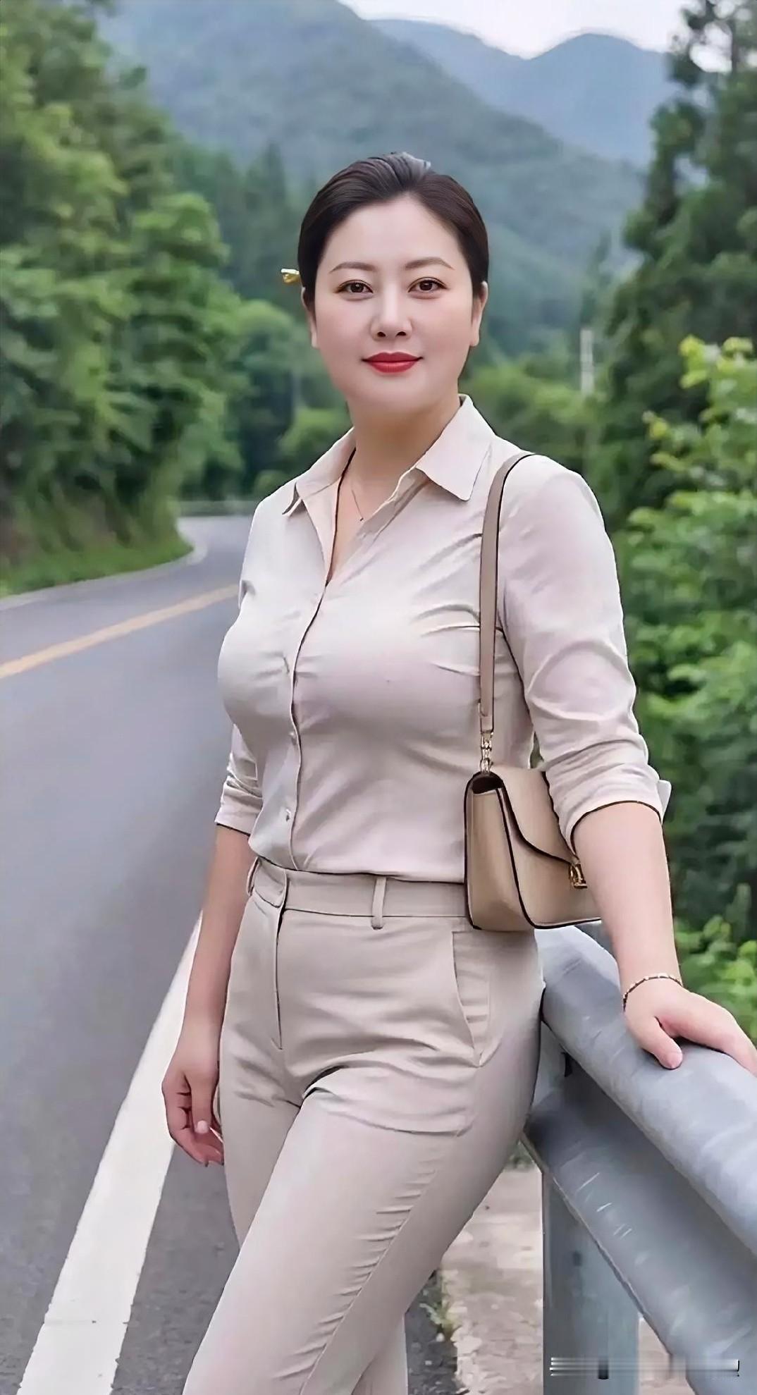 山间公路旁，浅色套装衬出从容体态，眉眼温婉自信，与绿意山景相映，尽显岁月沉淀的优