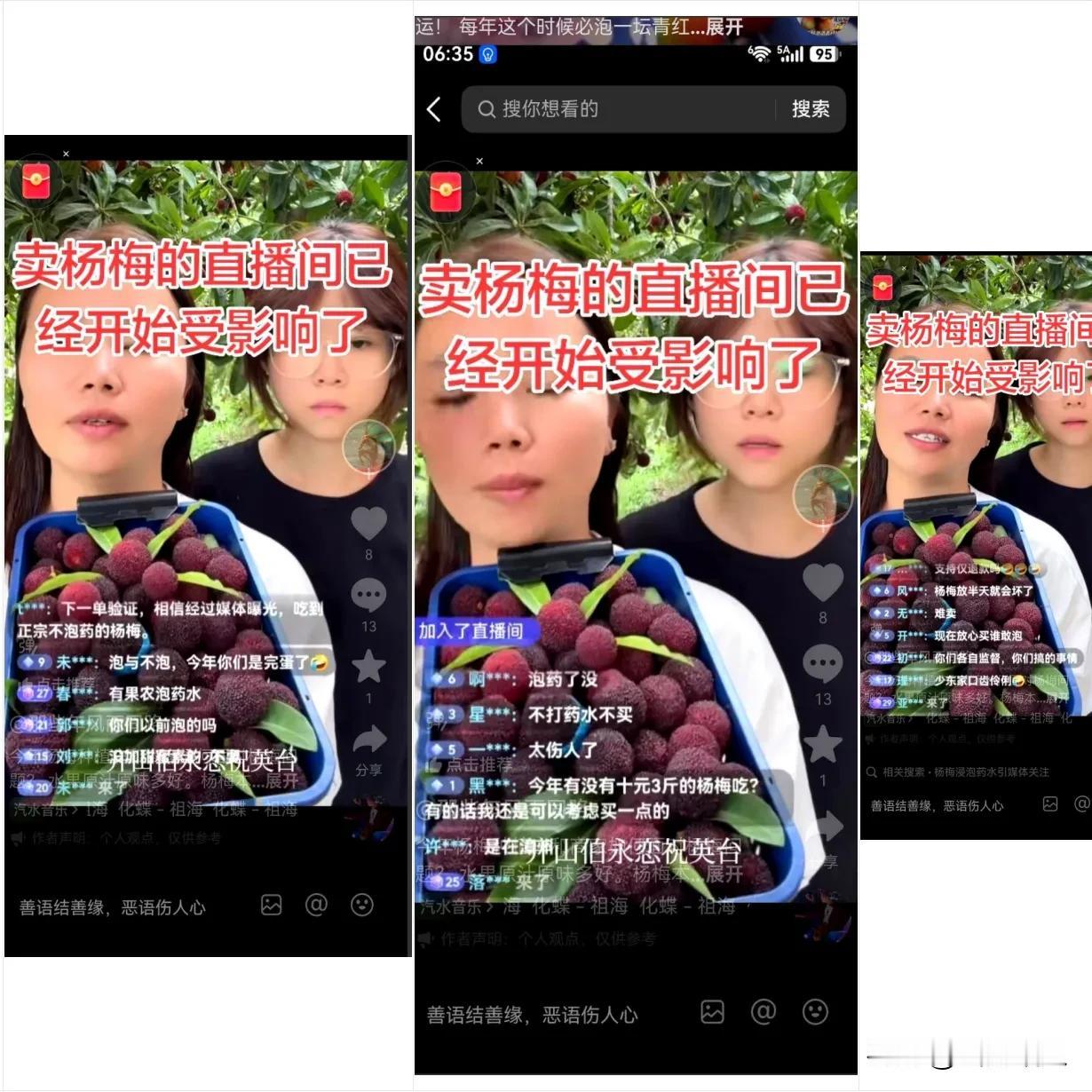 福建漳州杨梅这事，最先塌掉的，是一对果农母女的直播间。手机就架在竹筐边，背后是自