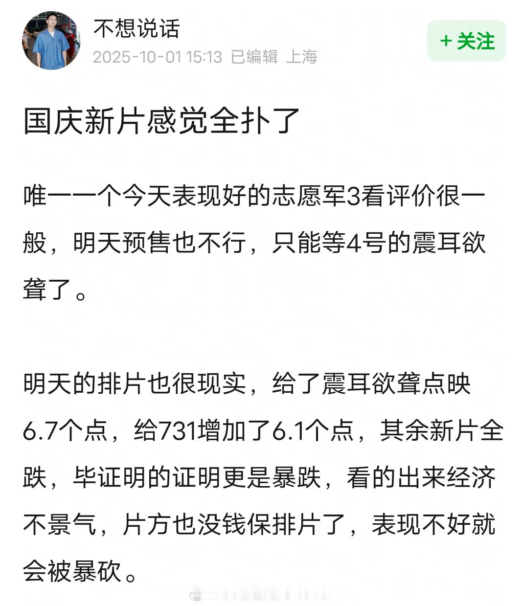 感觉震耳欲聋片方真的好会扮猪吃老虎。。。如果10.1上映最多拿到10－15％的