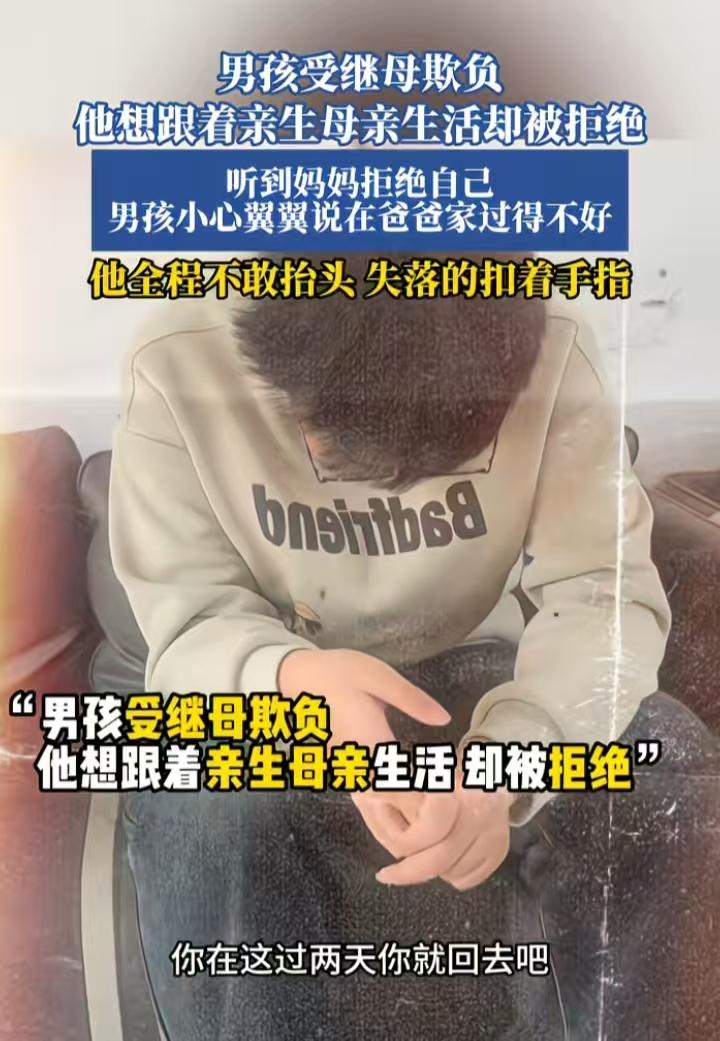父母离异，最受伤的就是孩子，从此，他再没家了，在爸爸这边，继母对他不好，来找妈妈