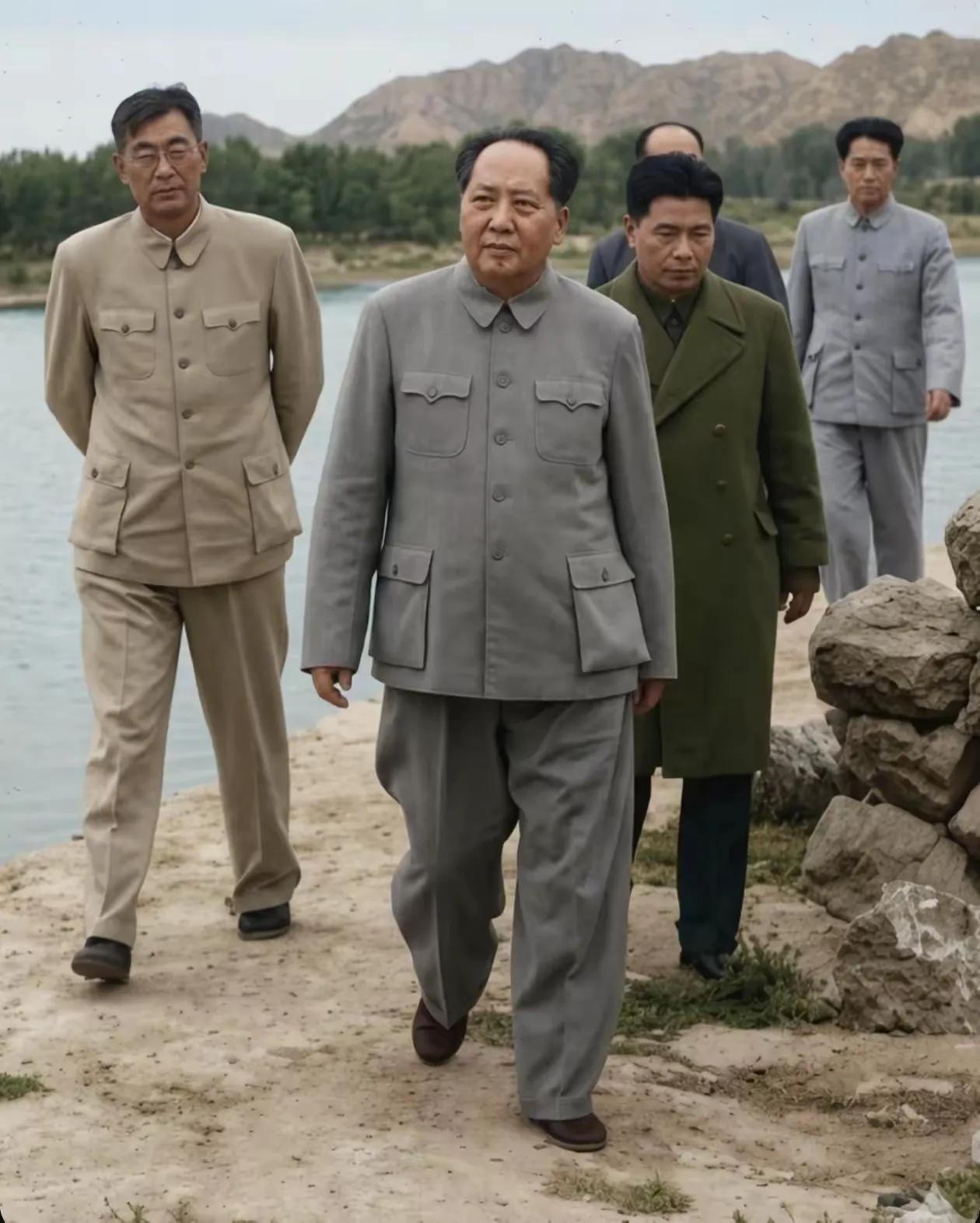 这是1952年10月31日，毛主席在郑州邙山视察黄河后，又到黄河北岸的胜利渠进行