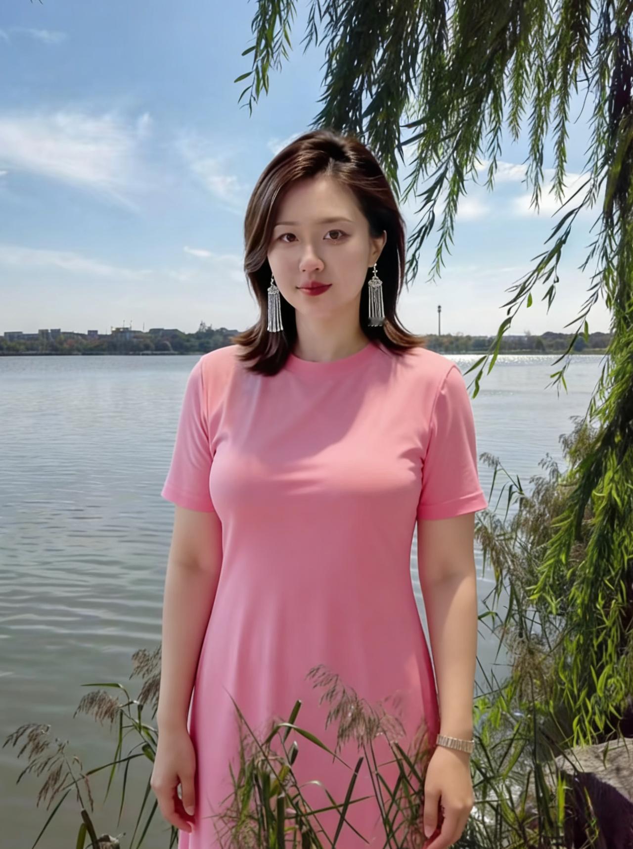 柳丝垂落的绿，揉碎了湖面，她站在风里，粉裙是一朵未开的荷。～天蓝得透明，