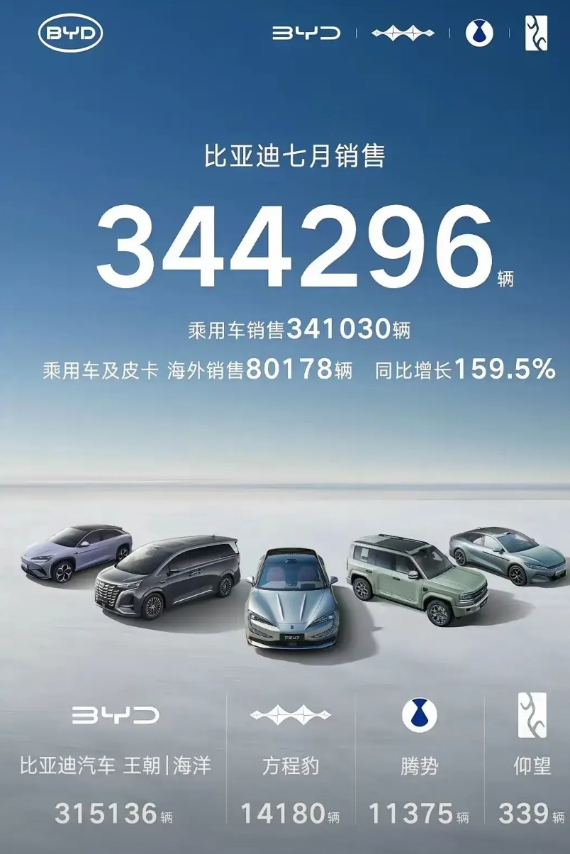 比亚迪的销量增长持续低迷，没有了去年的猛劲，7月销量只有34万多，同比微增0.5