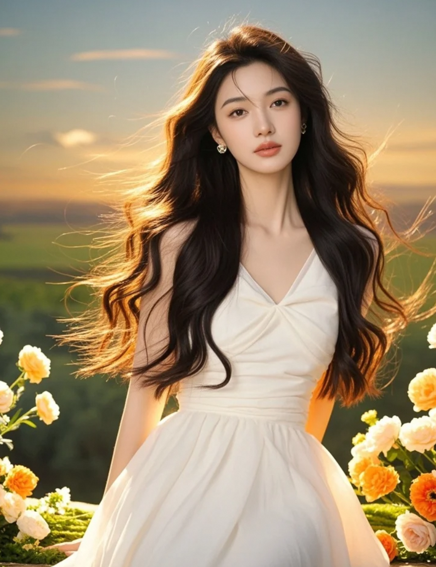 青春洋溢的东方丽人，长发飞扬，笑容灿烂如花