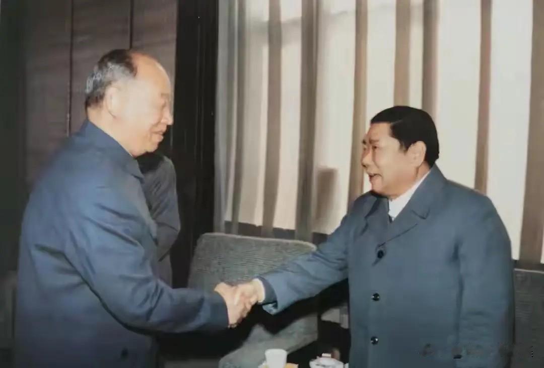 【开国功臣图片故事303】1988年，开国上将杨得志（右）与老一辈革命家彭真（