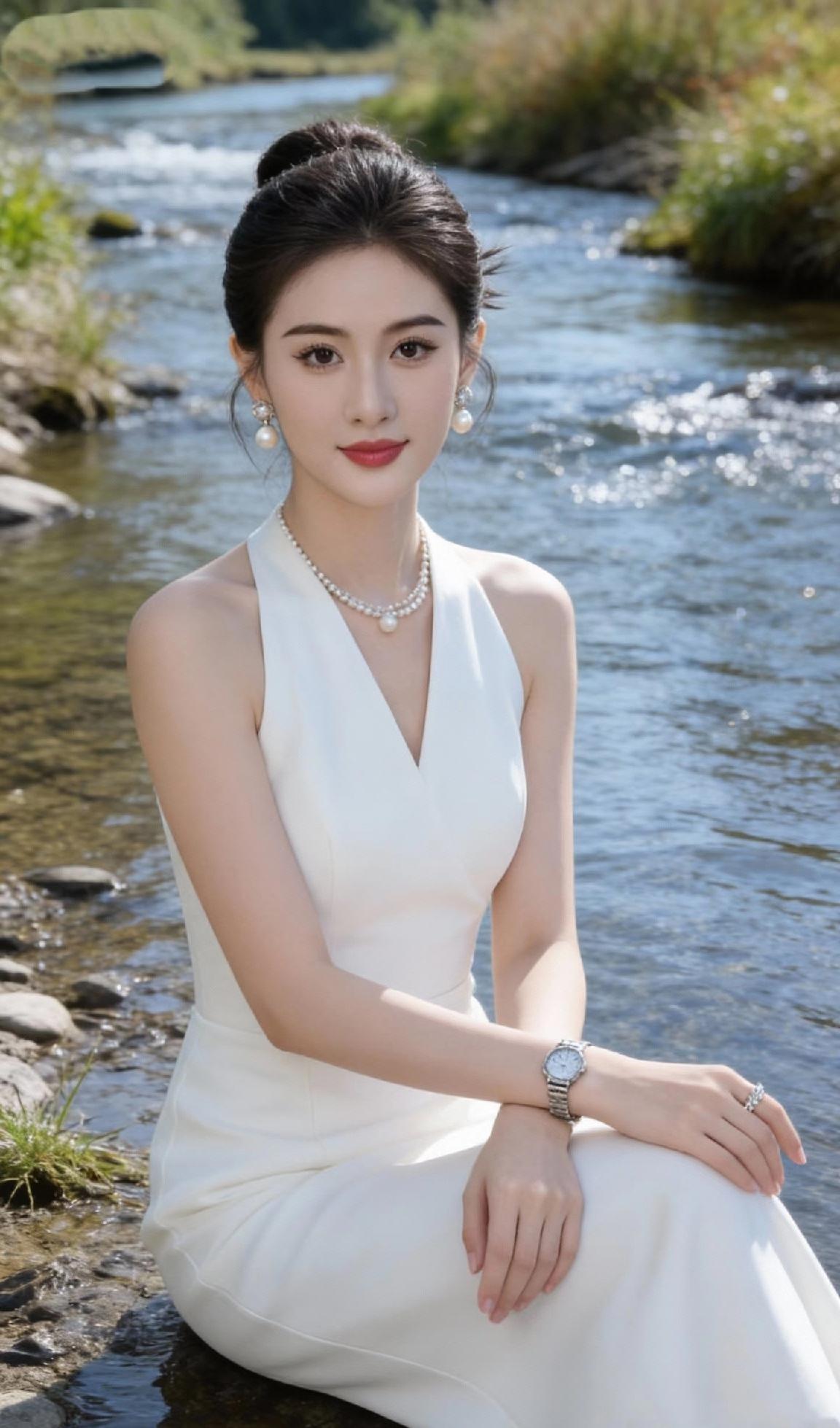 优雅白裙，河畔静坐，珍珠耳环，自然之美。