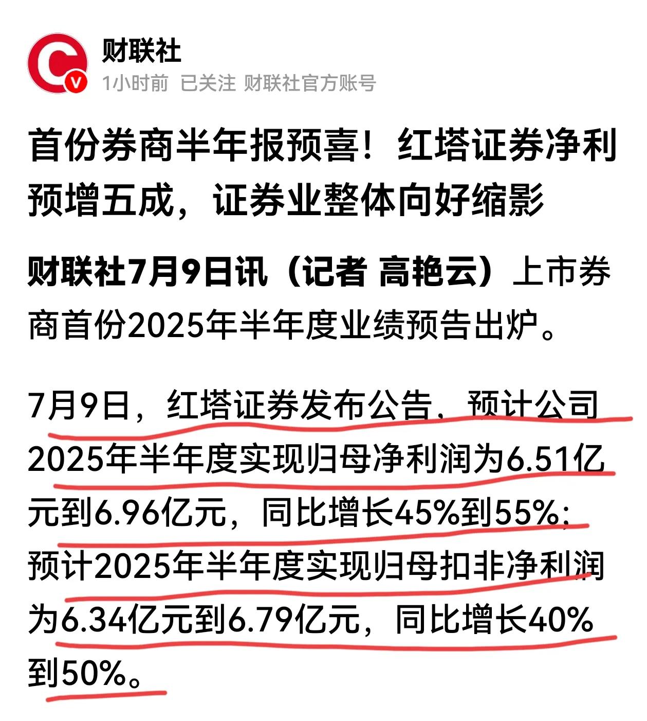 首份券商半年报出炉，牛市旗手业绩被证真了，静待券商业绩浪。红塔证券业绩预增，中