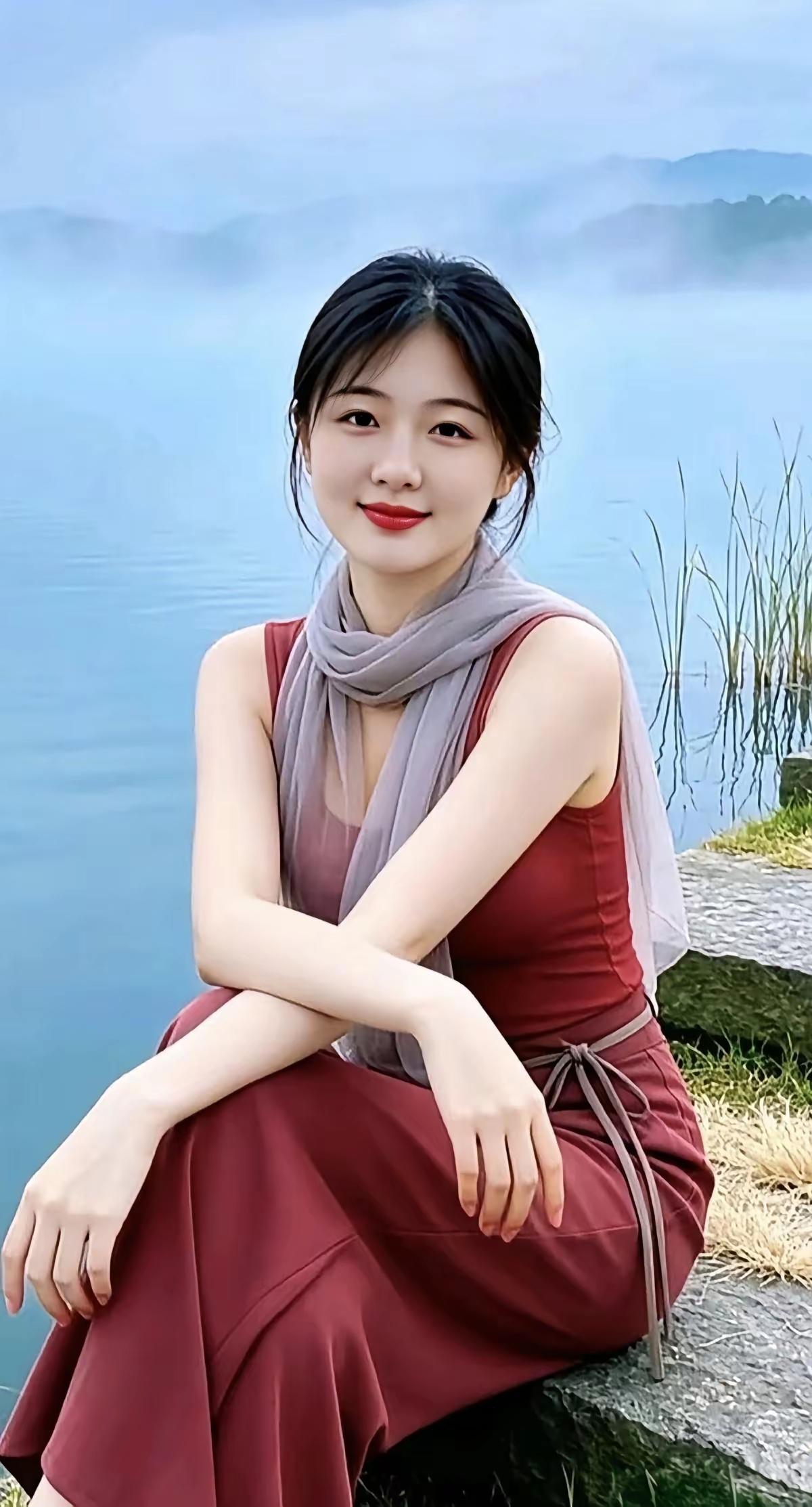 这位女士在湖边拍照呢。