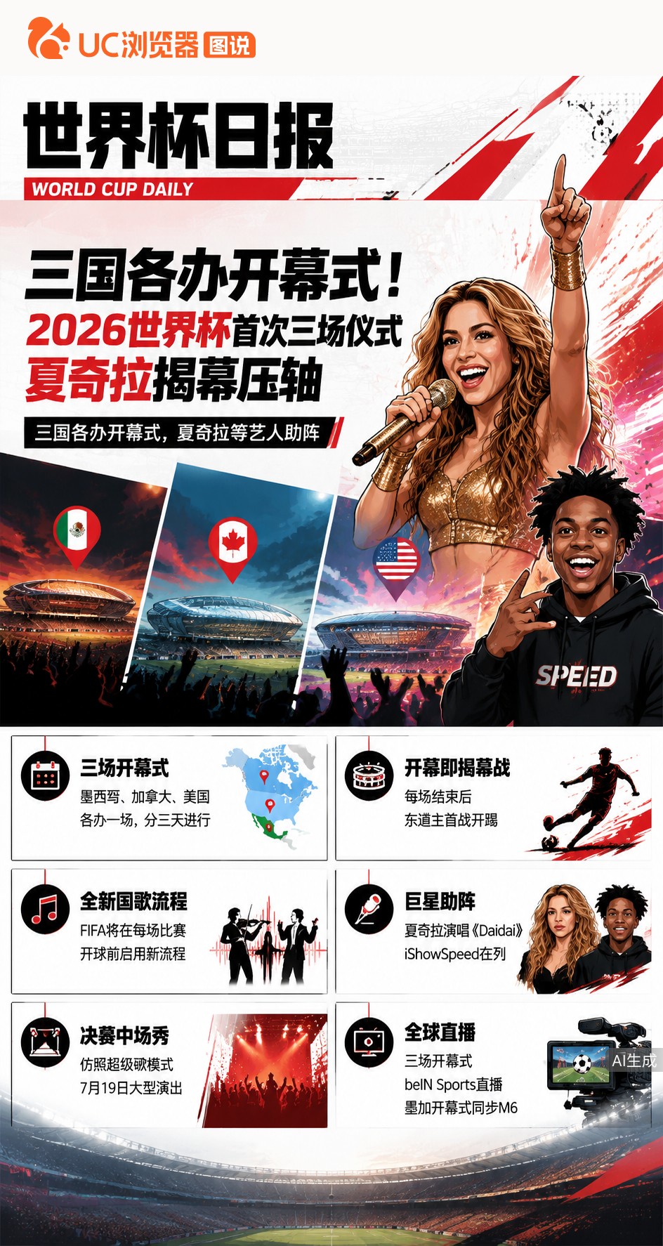 三国各办开幕式！2026世界杯首次三场仪式，夏奇拉揭幕压轴