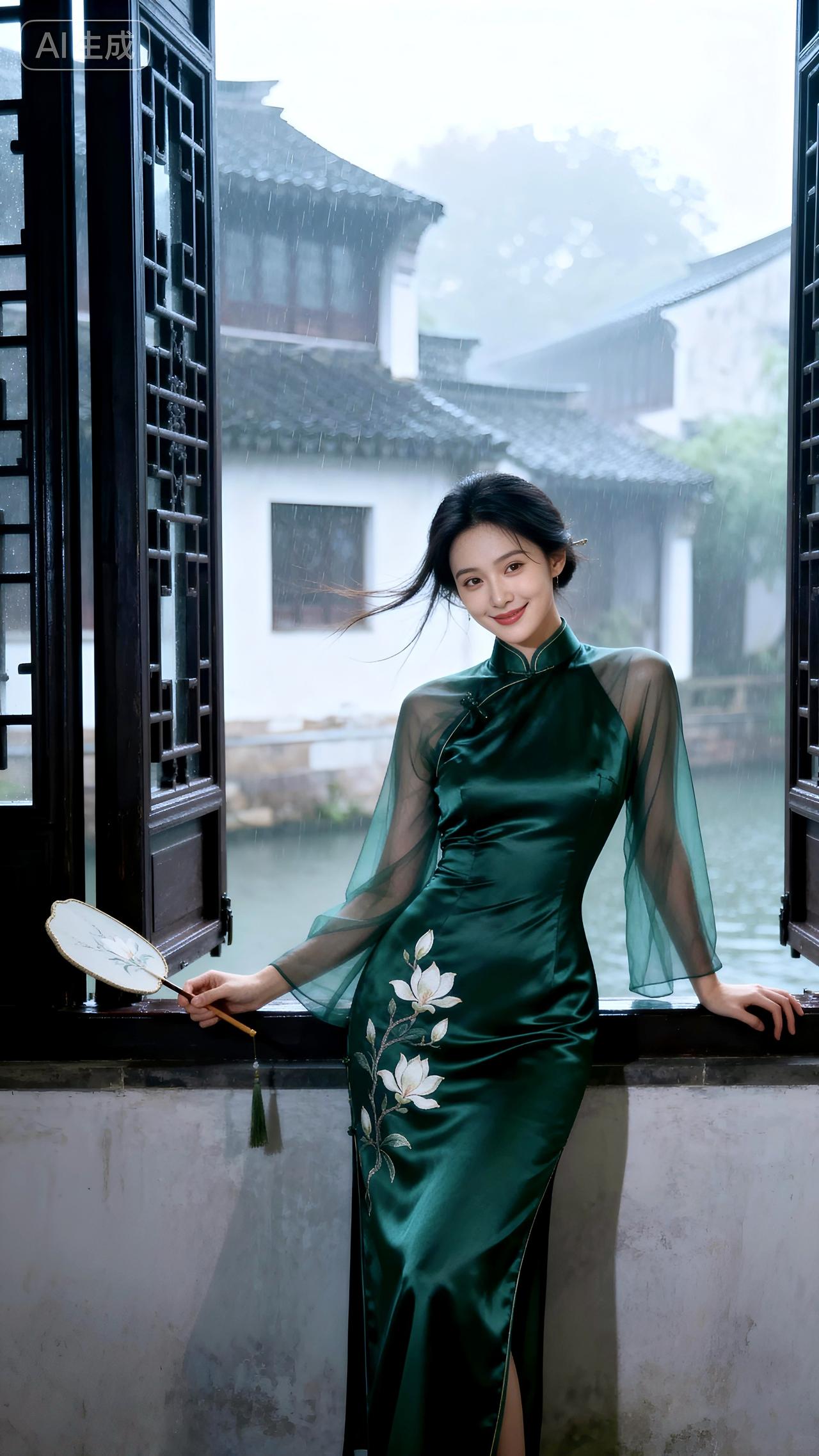 烟雨染青衣，团扇遮羞眸；窗边影娉婷，一水一温柔。壁纸写真古风