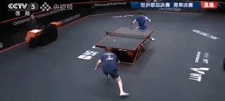 他蹲下时，整个乒乓球的规则手册都被撕碎了。不是弯腰，是蹲伏。屁股擦着地皮，球