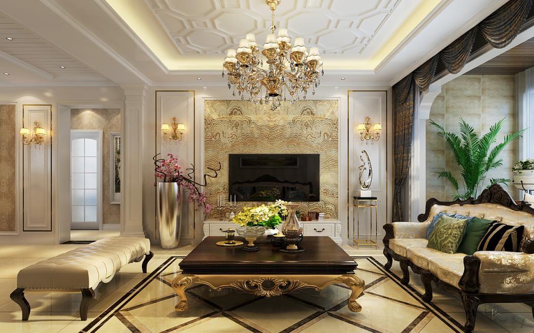 这间四居室的装修是简约的欧式风格。不得不说，这会客厅看起来实在是太奢华了，真