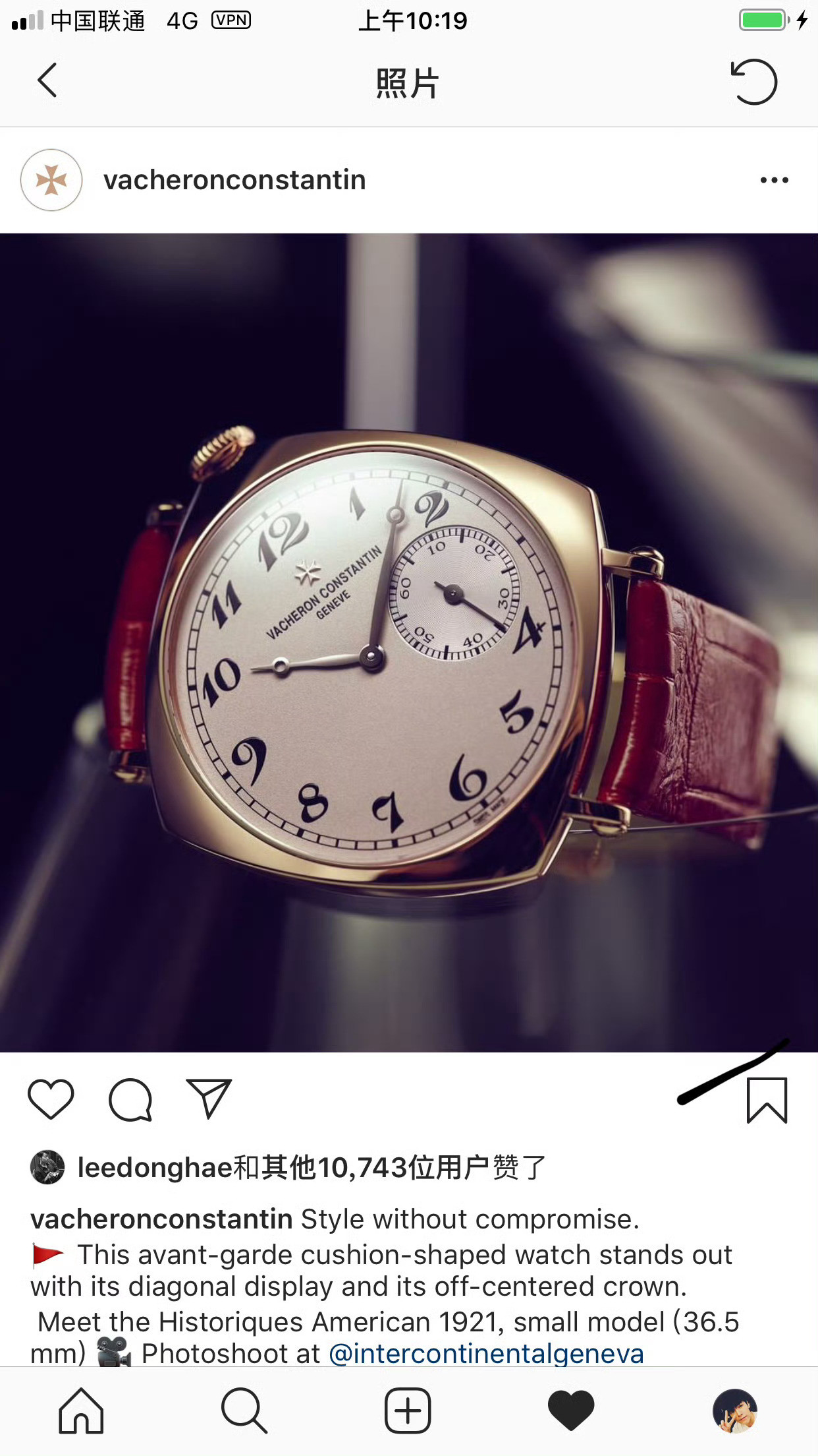 原来东海在2019年点赞了江诗丹顿手表的Instagram帖子。​​​