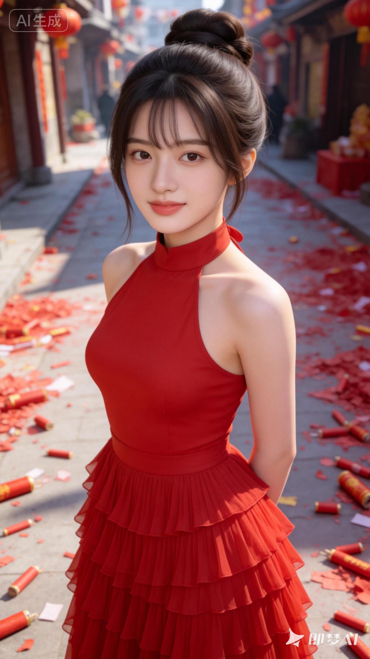 红衣少女漫步在古街，岁月静好，时光流转。