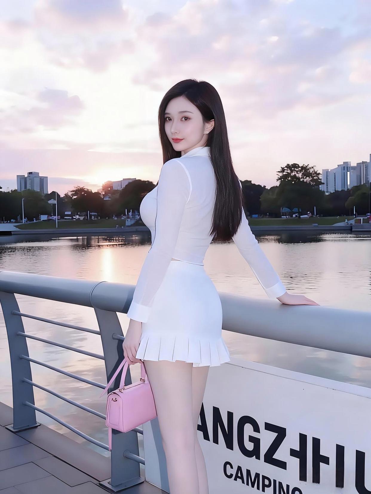 全白穿搭搭配粉色包包，日落湖边美成油画。谁懂啊!在城市湖畔邂逅一场绝美日落，