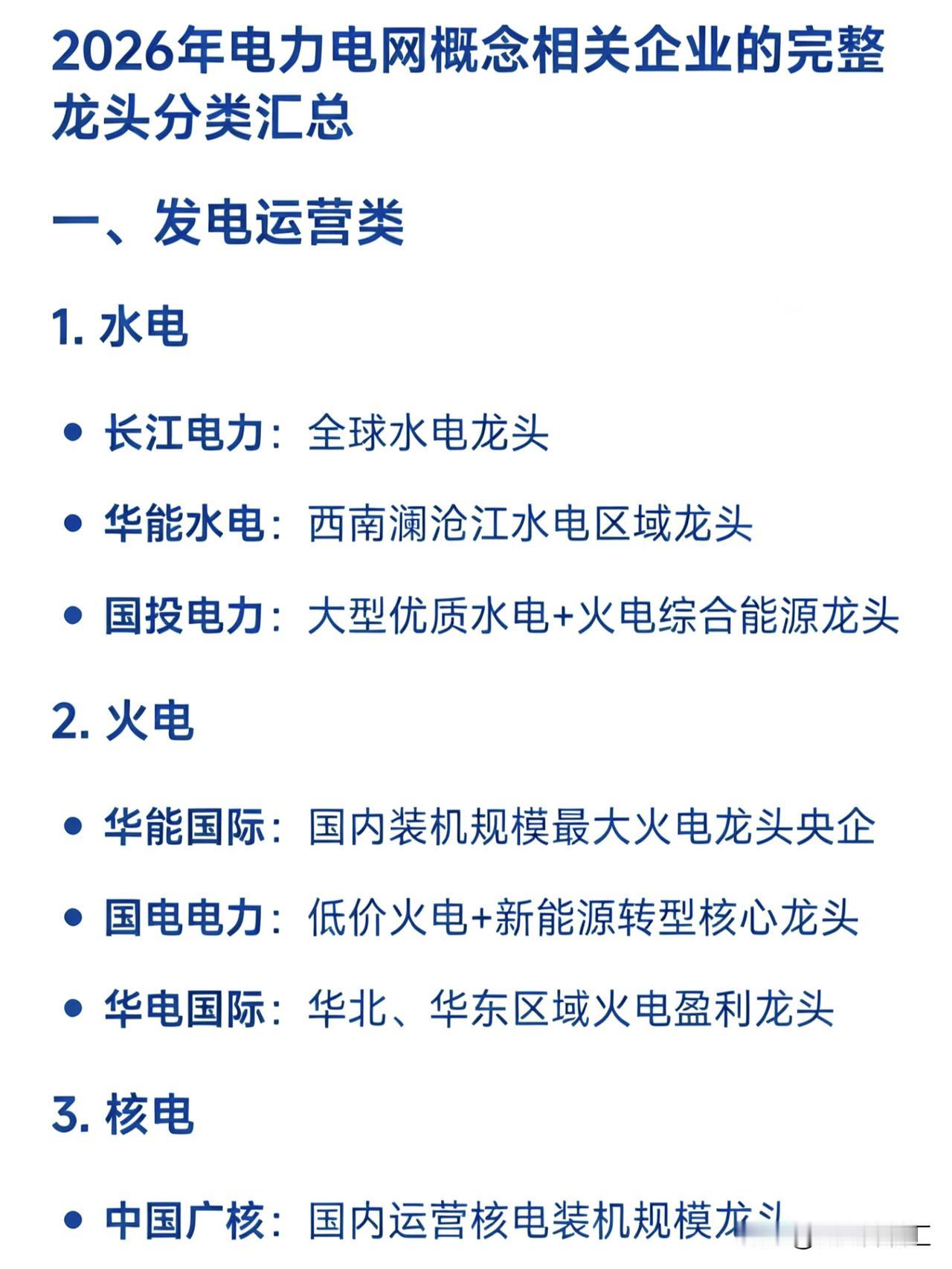 2026年电力电网概念相关企业的完整龙头分类汇总一、发电运营类1.水电
