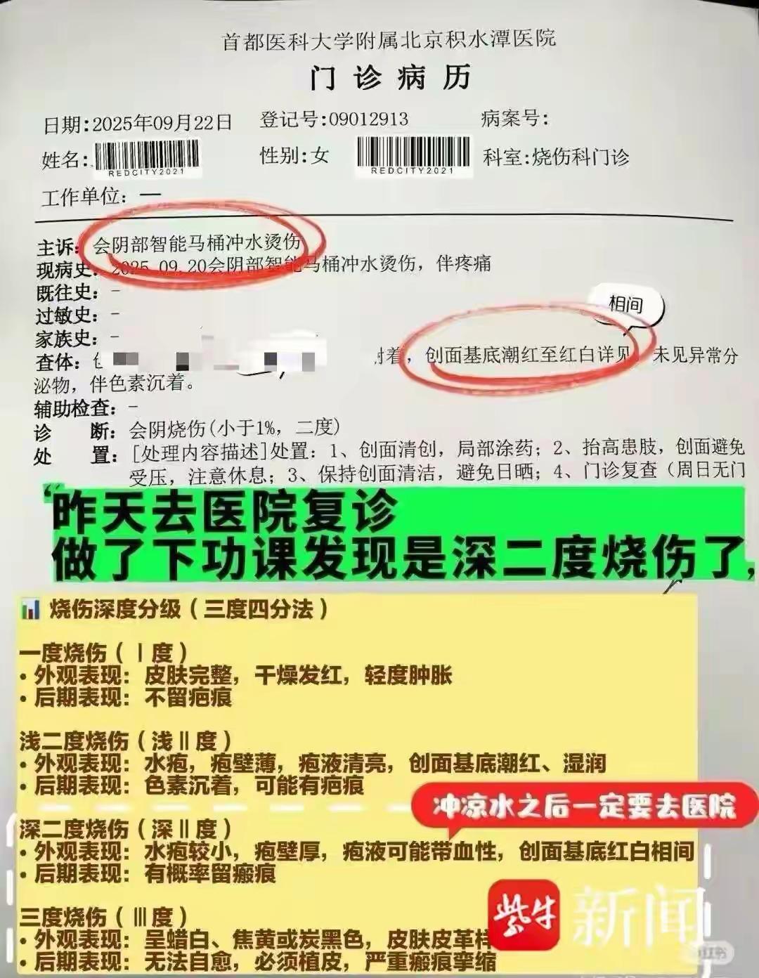 女子上厕所时智能马桶突然喷开水！私密处二度烧伤，当事人：被烫到尖叫弹起近日，有